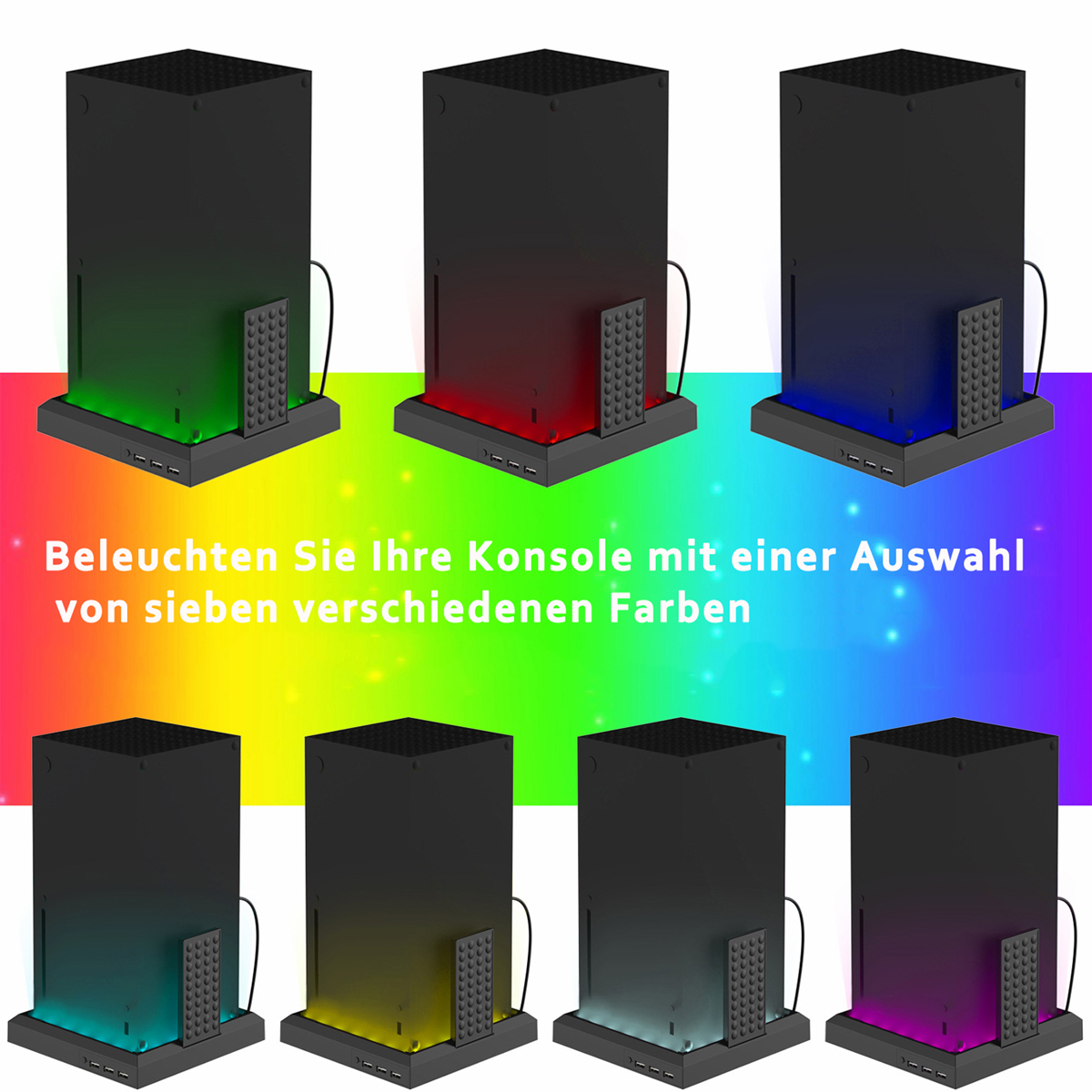 Schwarze Konsolen mit sieben verschiedenen Farben beleuchtet, verschiedene Lichter.