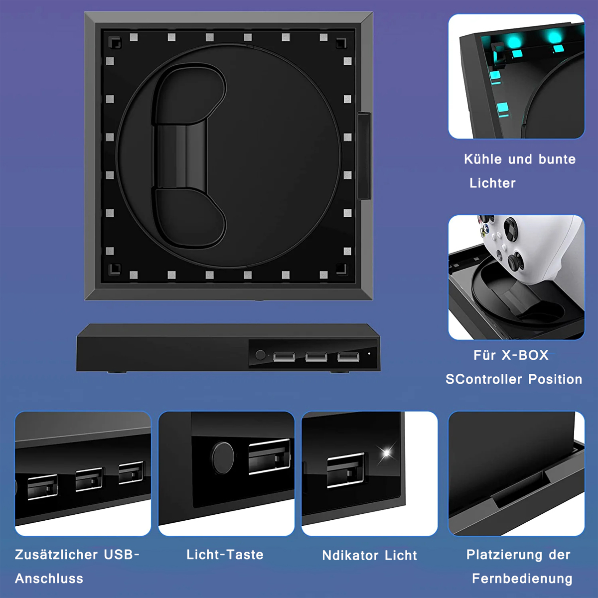 Schwarze Konsole mit Ansichten von oben und vorne. Enthält USB-Anschlüsse, Lichter und Controller-Steckplatz.