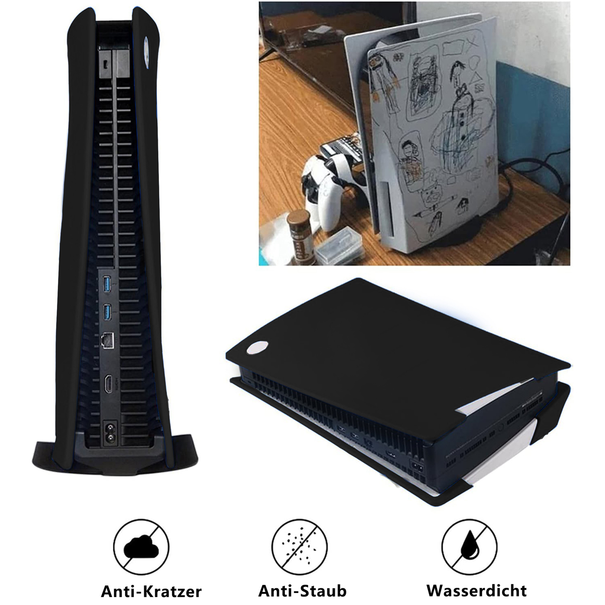 Eine schwarze PS5-Konsole mit schwarzem Cover und ein Vergleich mit einer Zeichnung.