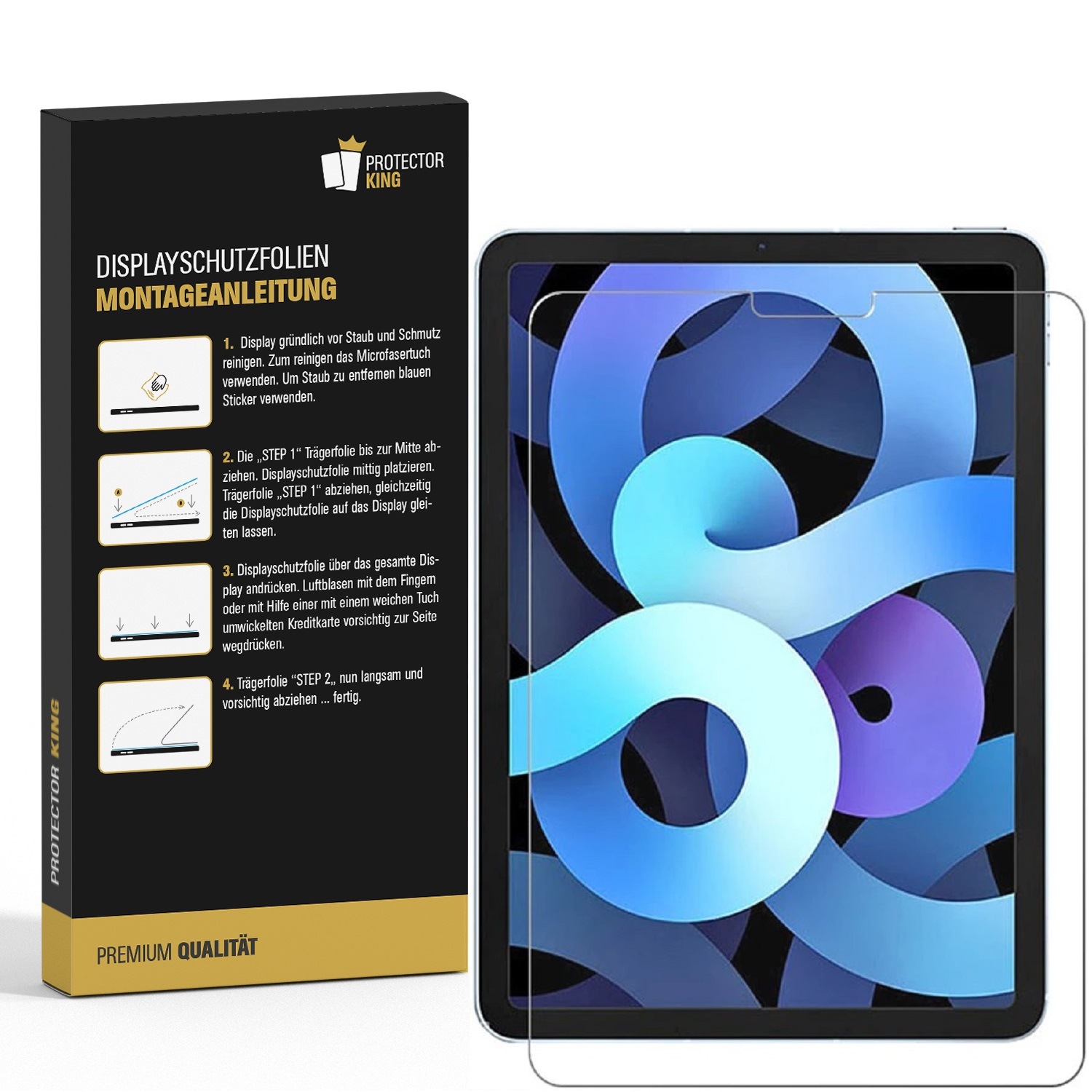 Ein Displayschutz wird auf einem Tablet platziert, zusammen mit einer Box mit Anweisungen.