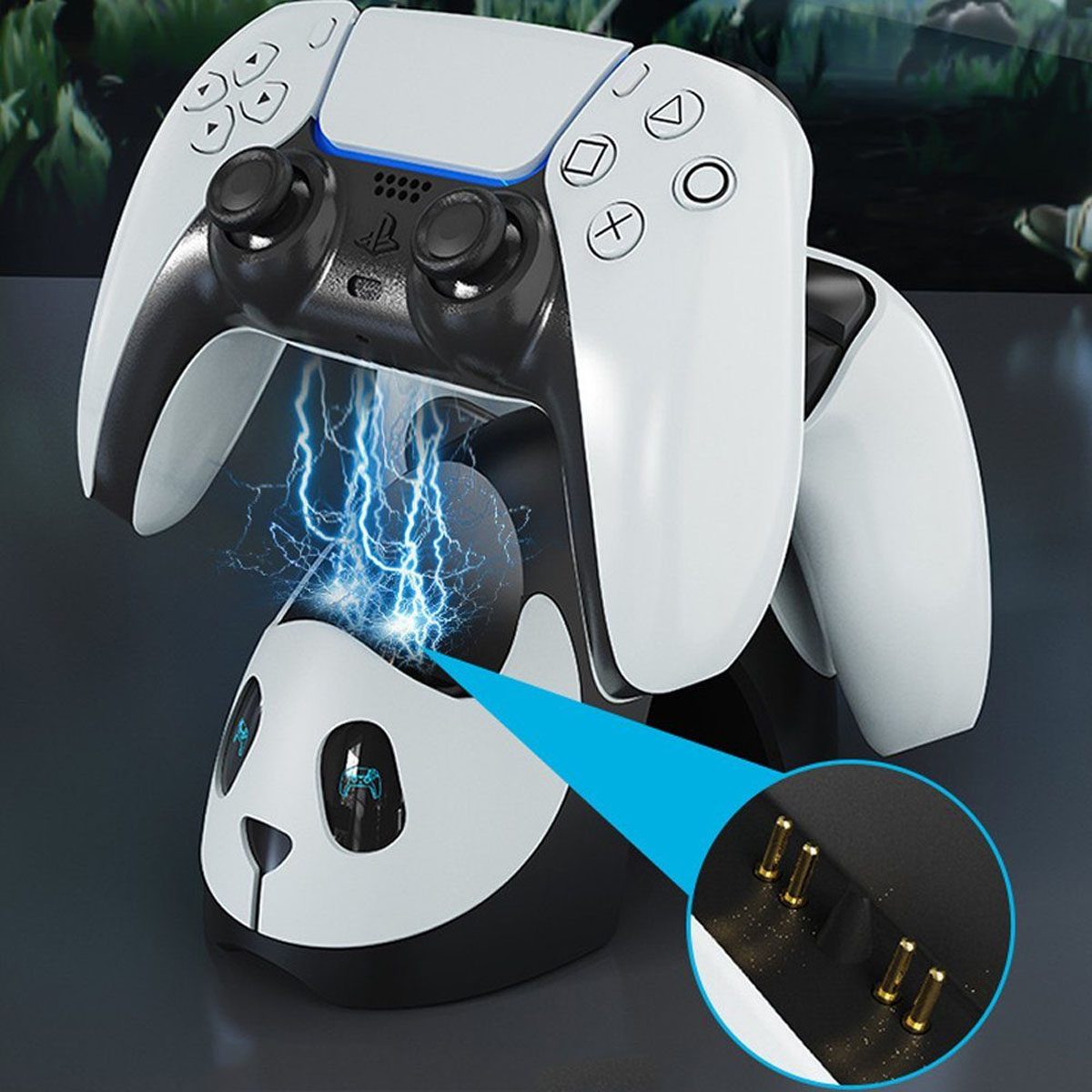 Weißer und schwarzer Gaming-Controller auf einer panda-förmigen Ladestation. Blitzeffekt.