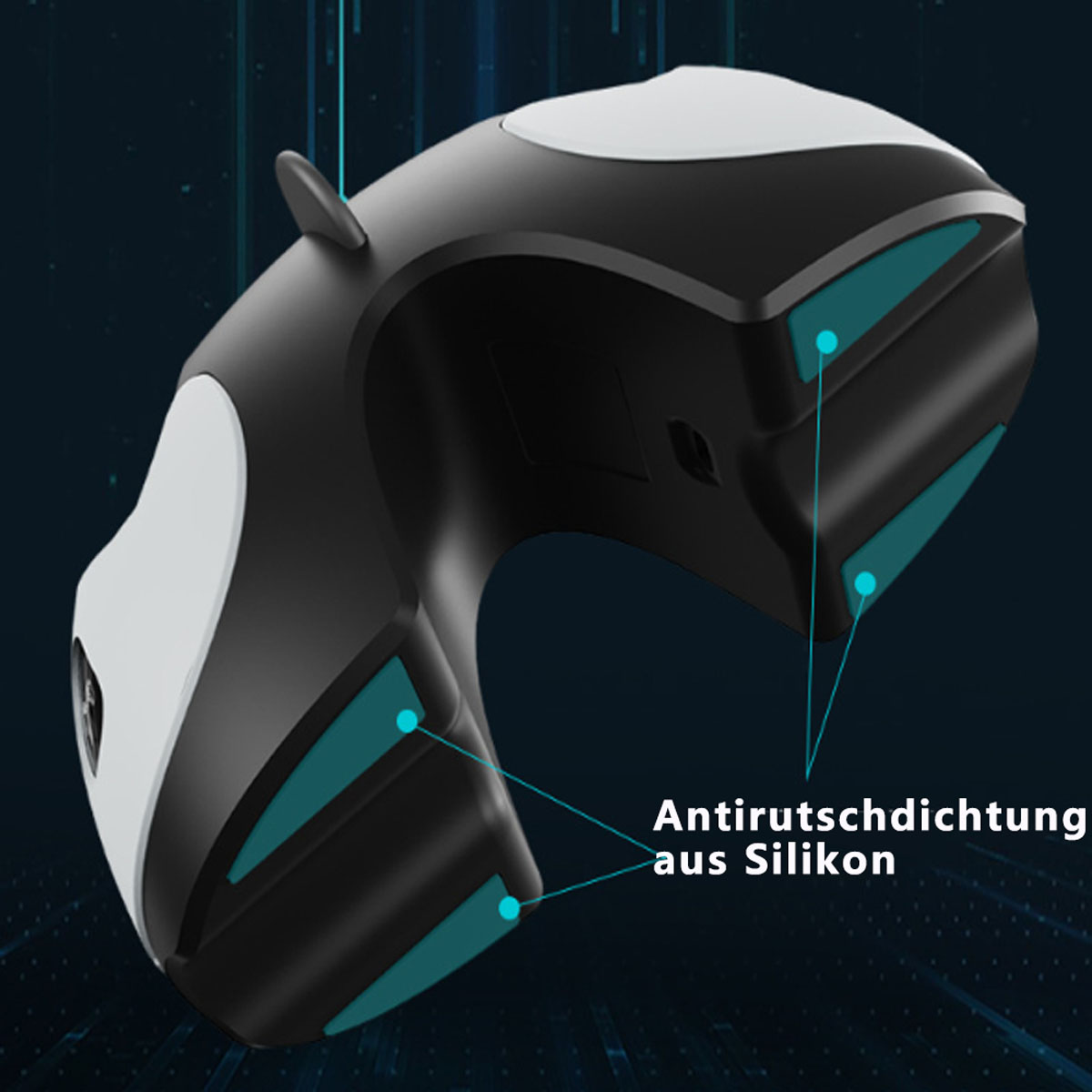 Schwarz-weiße ergonomische Maus. Türkisfarbene Silikon-Anti-Rutsch-Pads. Text: Rutschfeste Silikondichtung.