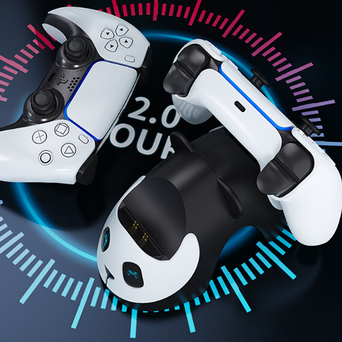 Zwei weiße und ein Panda-Controller mit Ladestation, alles auf blauer Oberfläche.