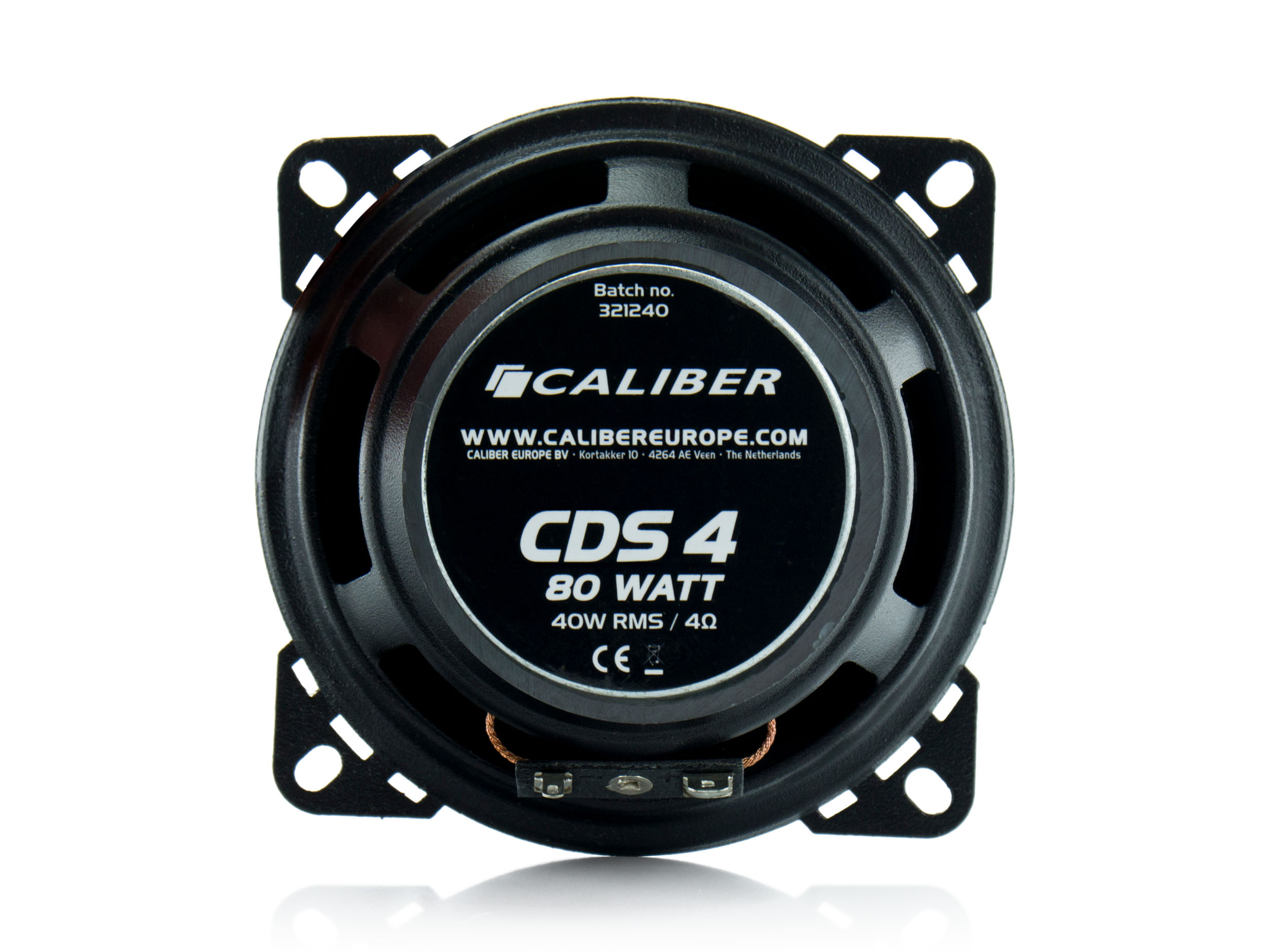 Black speaker with a Caliber label on a white background.