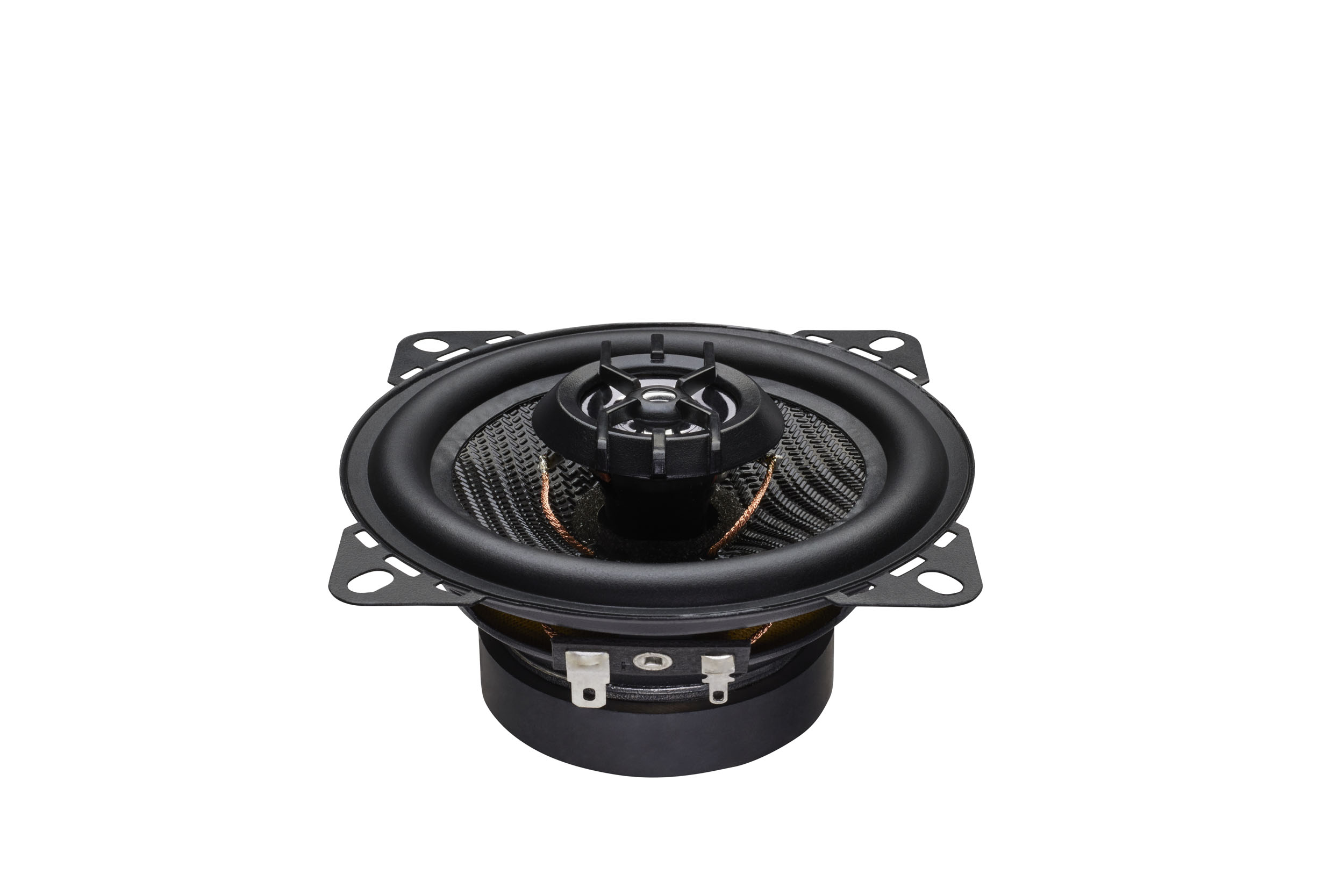 Round speaker with a black frame, black center, and copper-colored wiring.