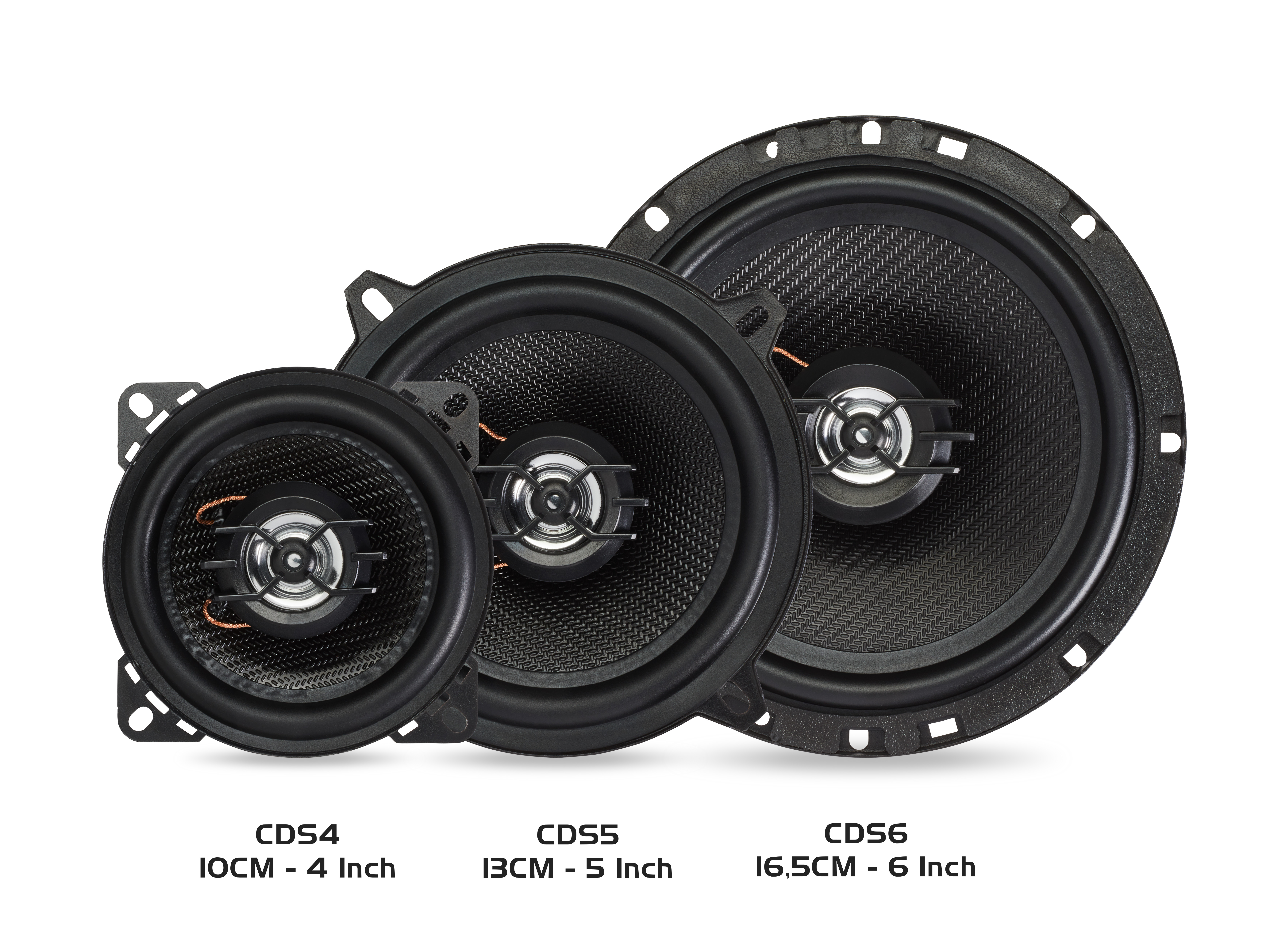 Three car speakers of different sizes labeled CDS4, CDS5, and CDS6, against a white background.