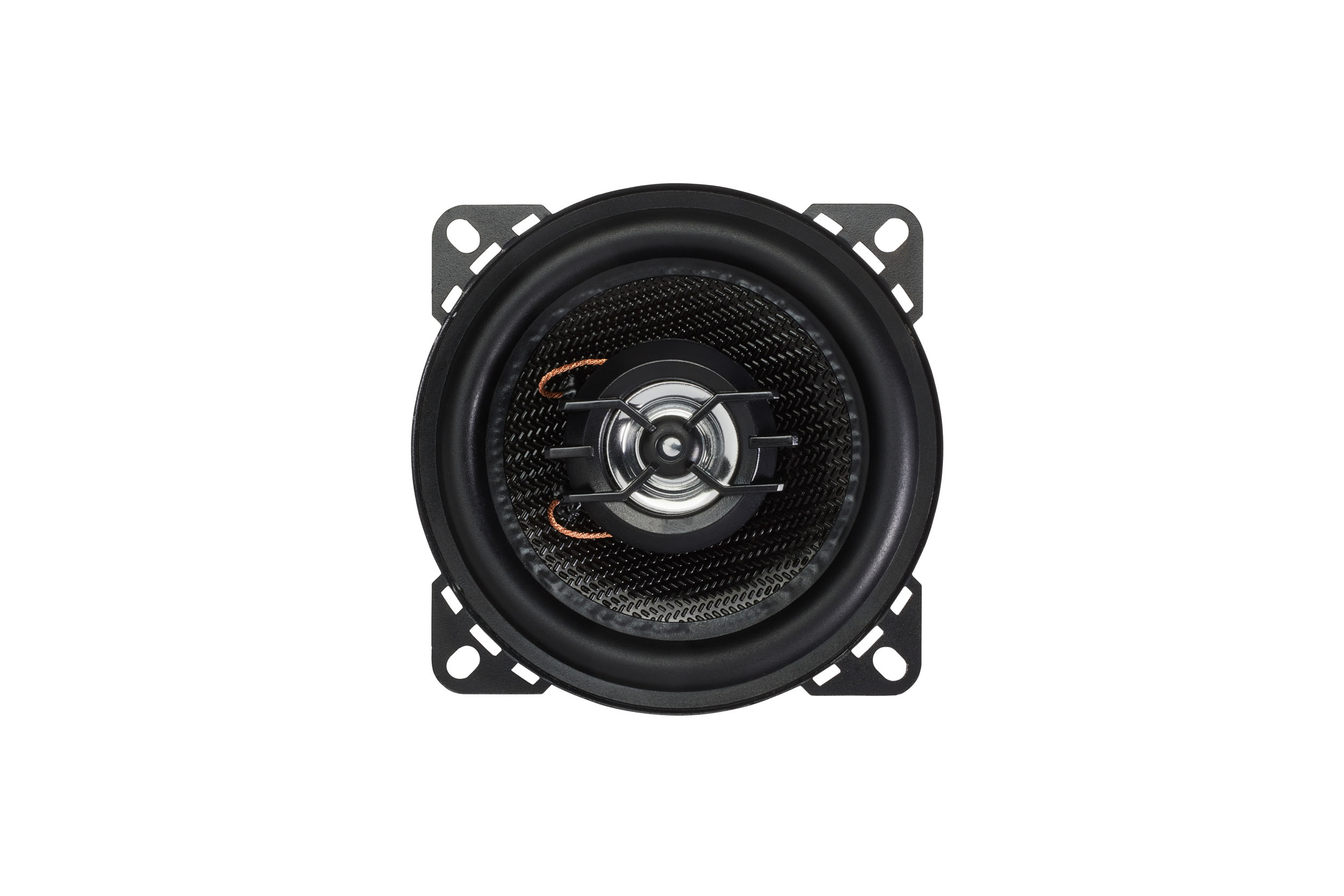 A black car speaker with a carbon fiber cone, wires and a mesh.