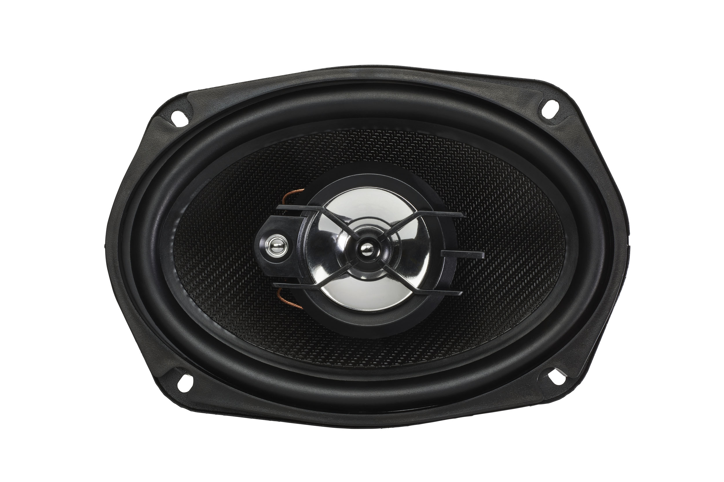 Oval speaker with black surround and central mesh. The speaker is on a white background.