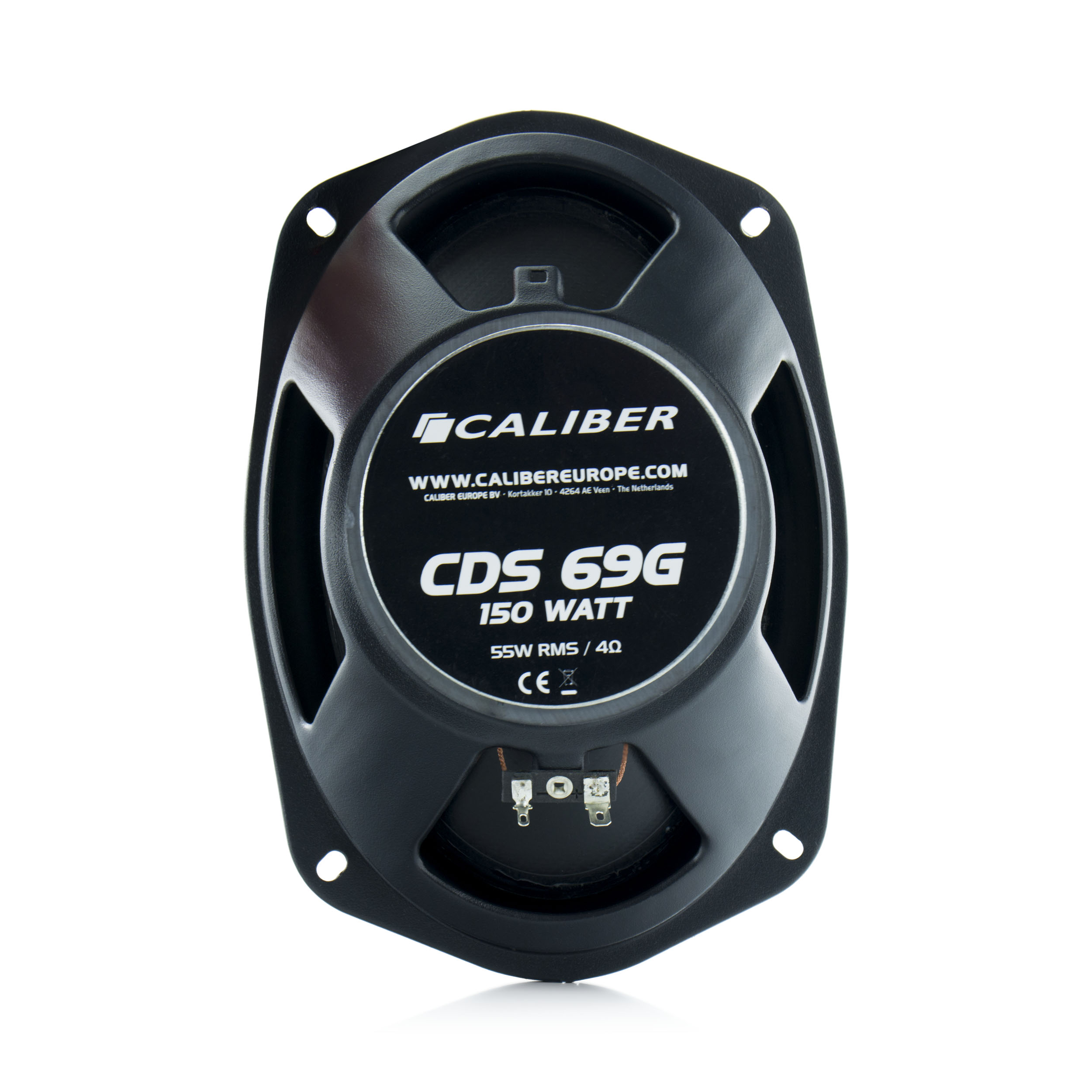 A black speaker with a CALIBER logo, on a white background.