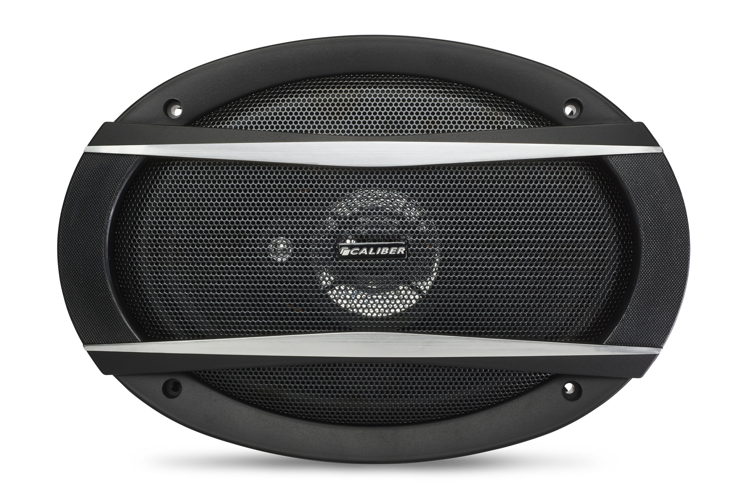 Oval car speaker. Black with a mesh grille. The CALIBER logo is visible in the center.
