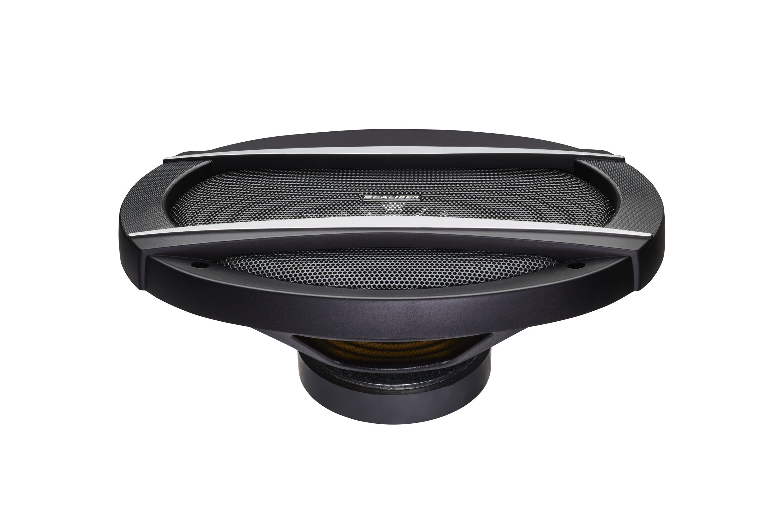 A black oval speaker with a silver trim and a black mesh. The speaker is on a white background.
