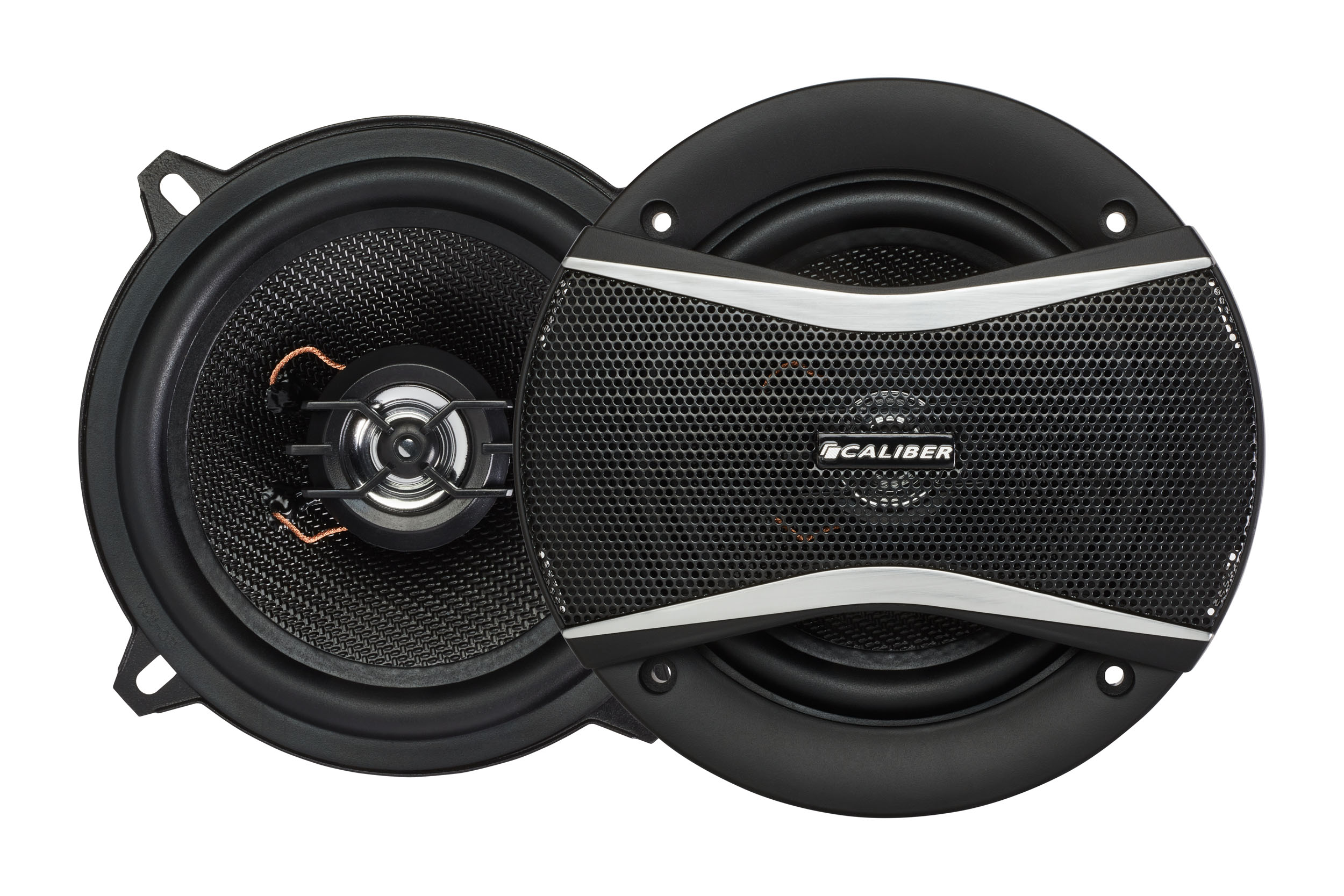 Two black speakers with a mesh front.