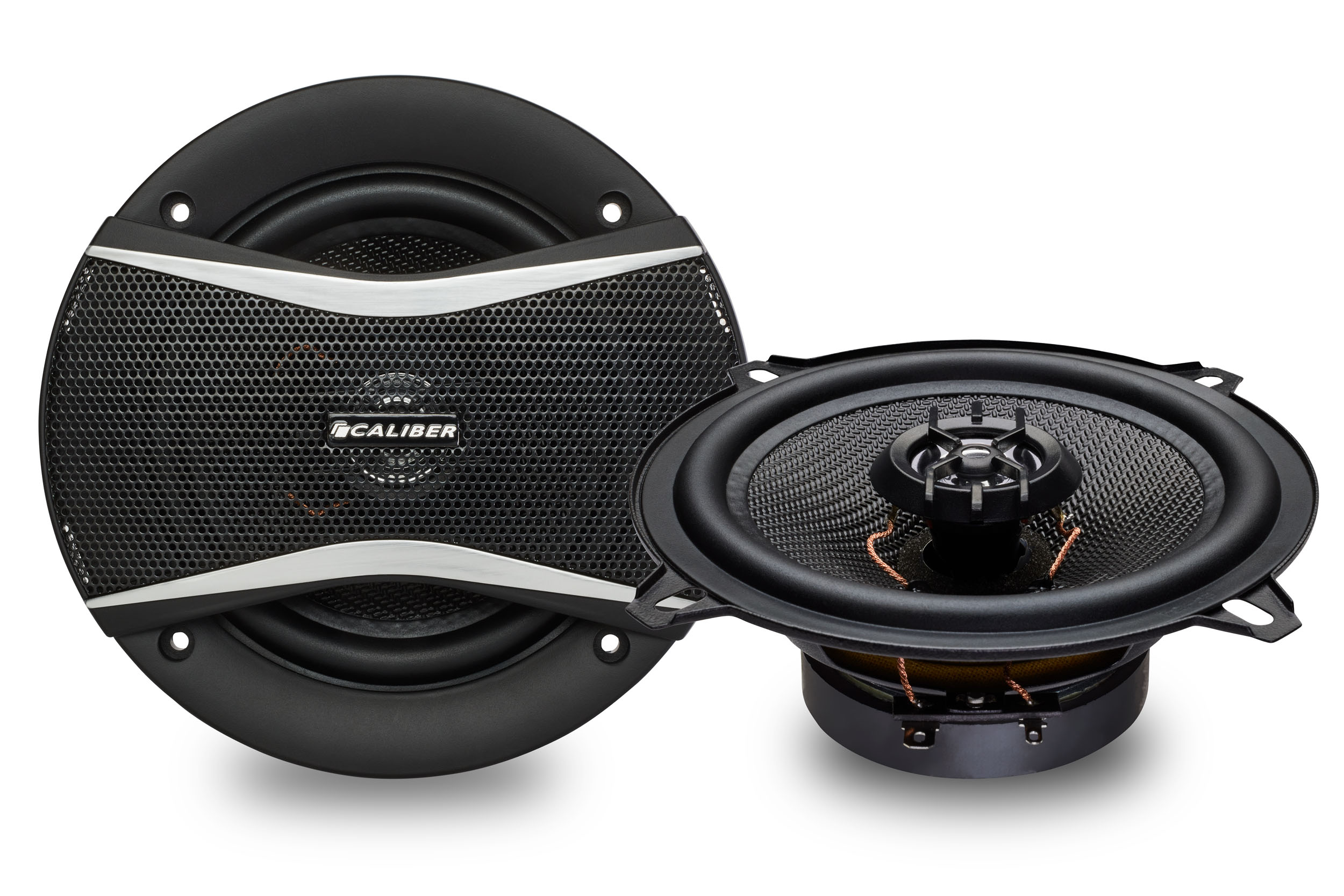 Two black car speakers with a silver mesh, and the Caliber logo, isolated on a white backdrop.