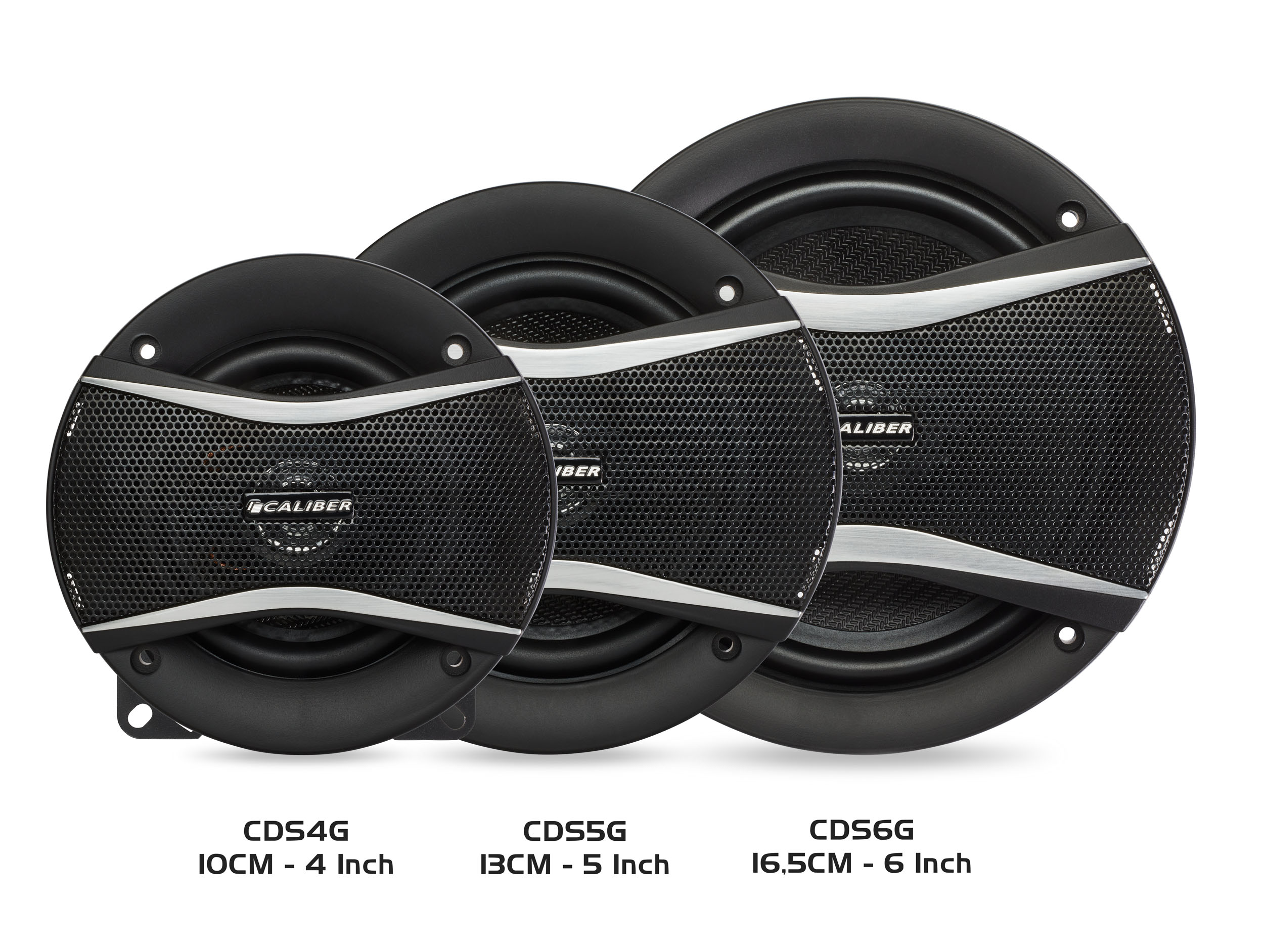 Three black car speakers of varying sizes, labeled with sizes.