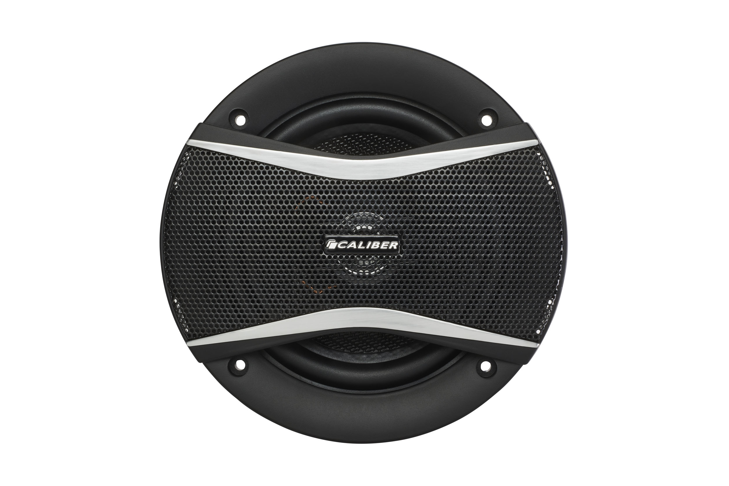 A black round speaker with a black mesh and silver trim. Isolated on white.