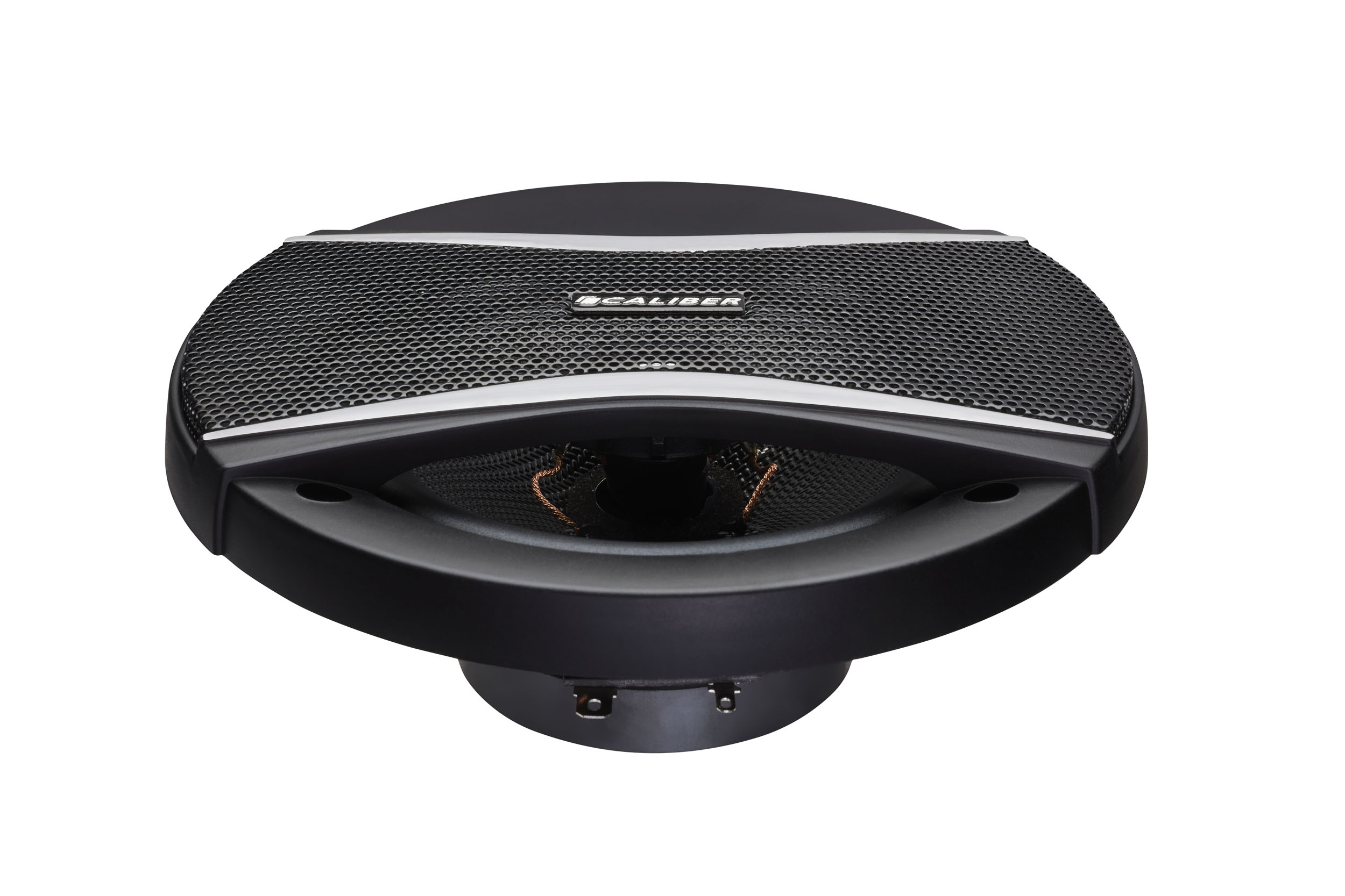 Black speaker with a mesh grille and a silver rim, set against a white background.