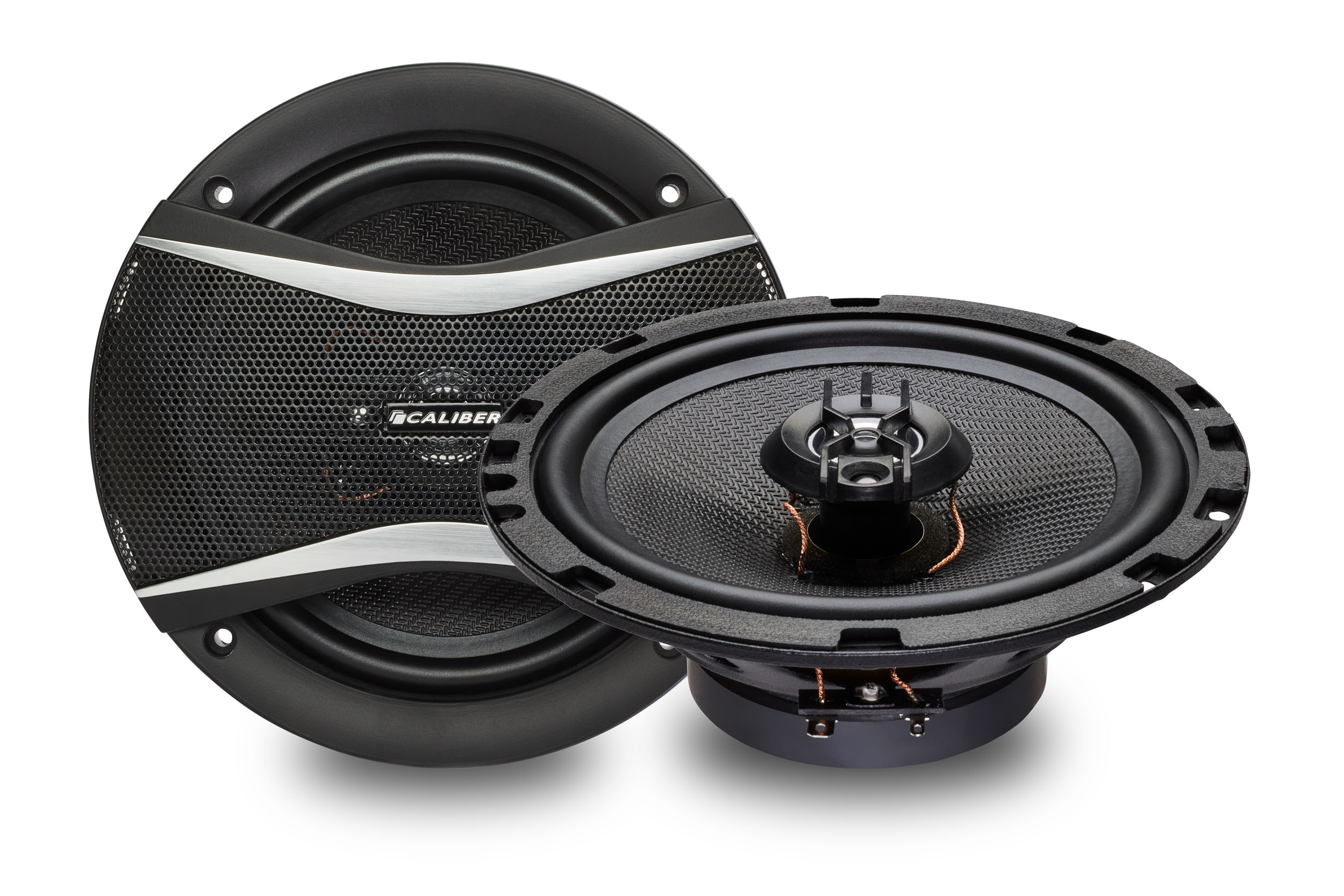 Two black car speakers. The speaker on the right is open.