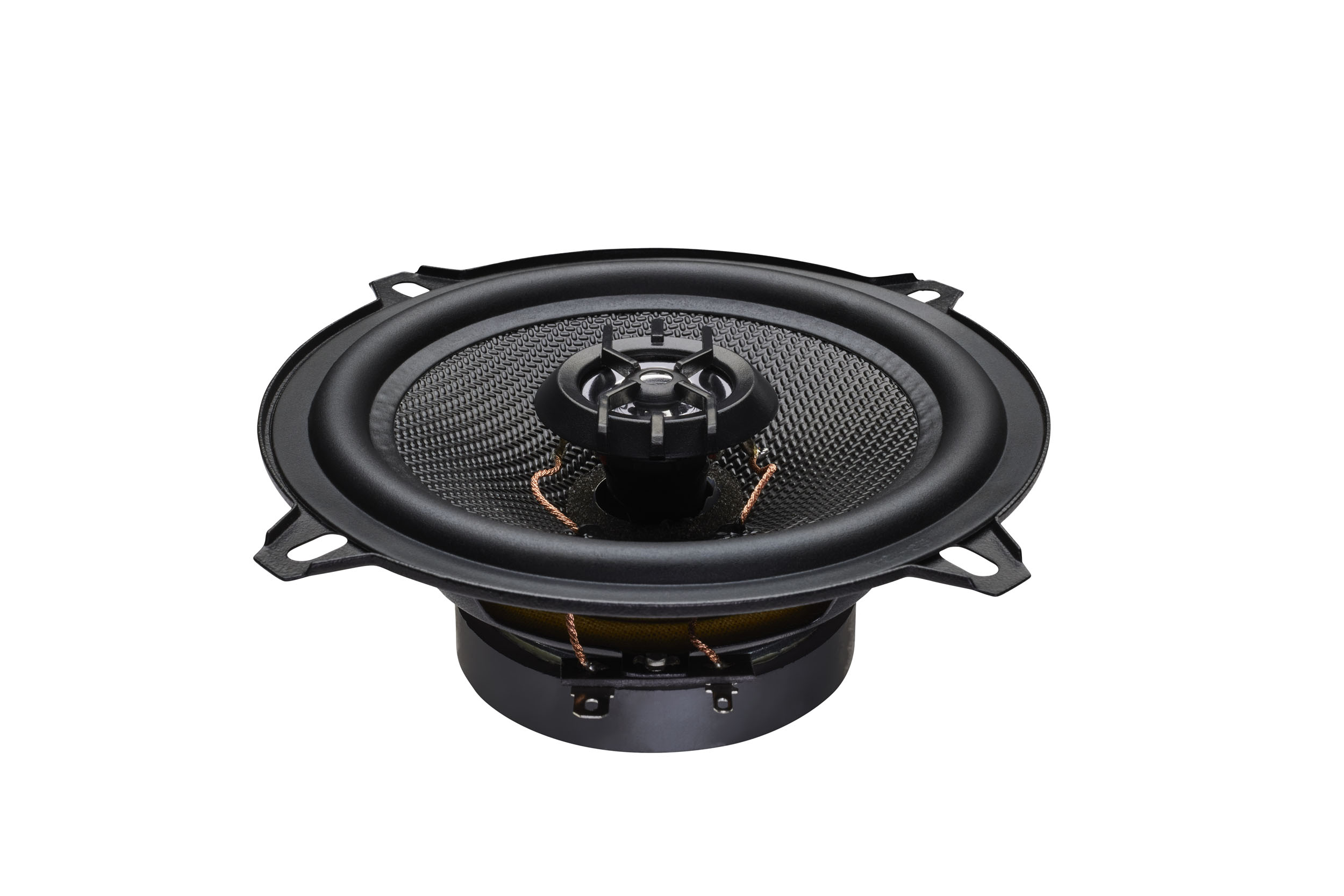 Black speaker with a woven center and black metal frame on a white background.