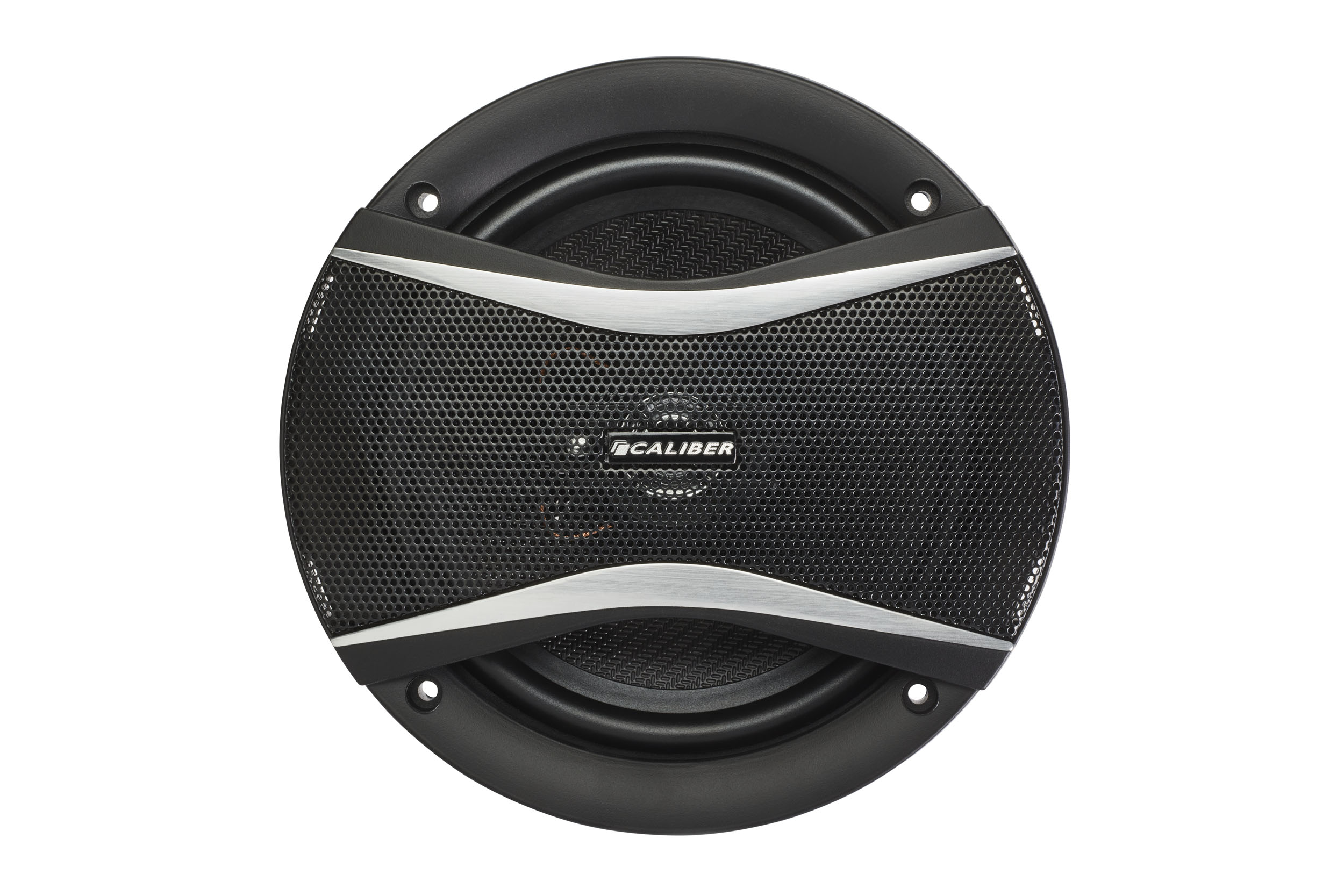 Black car speaker with silver accents, mesh grille, and white background.