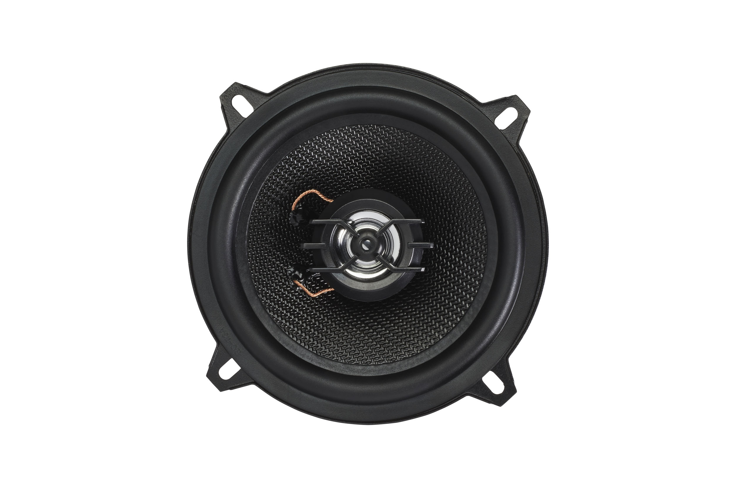 Black car speaker. It is round with a central tweeter. Isolated on white.