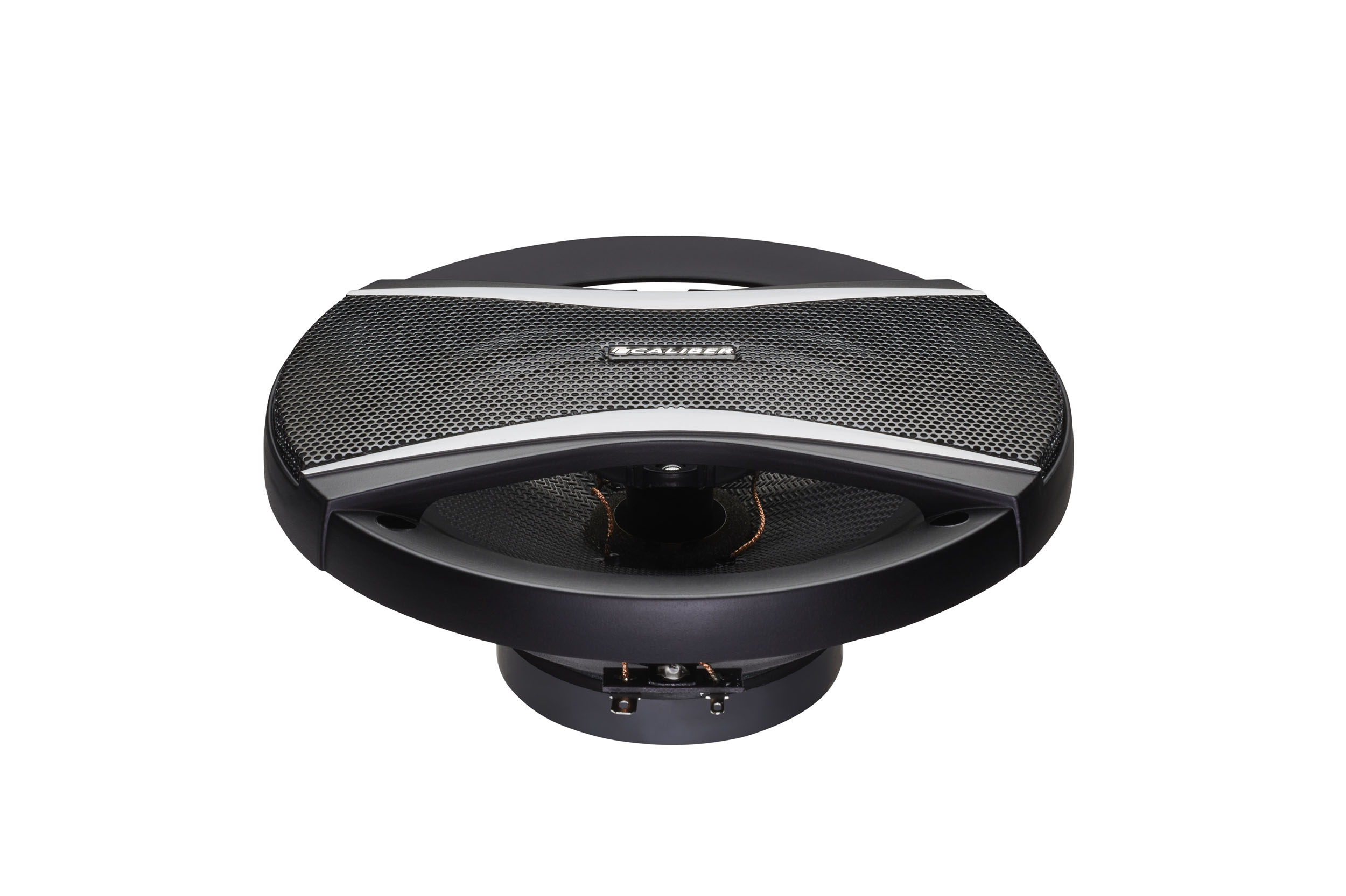 A black speaker with a mesh front. It has a silver band across it.
