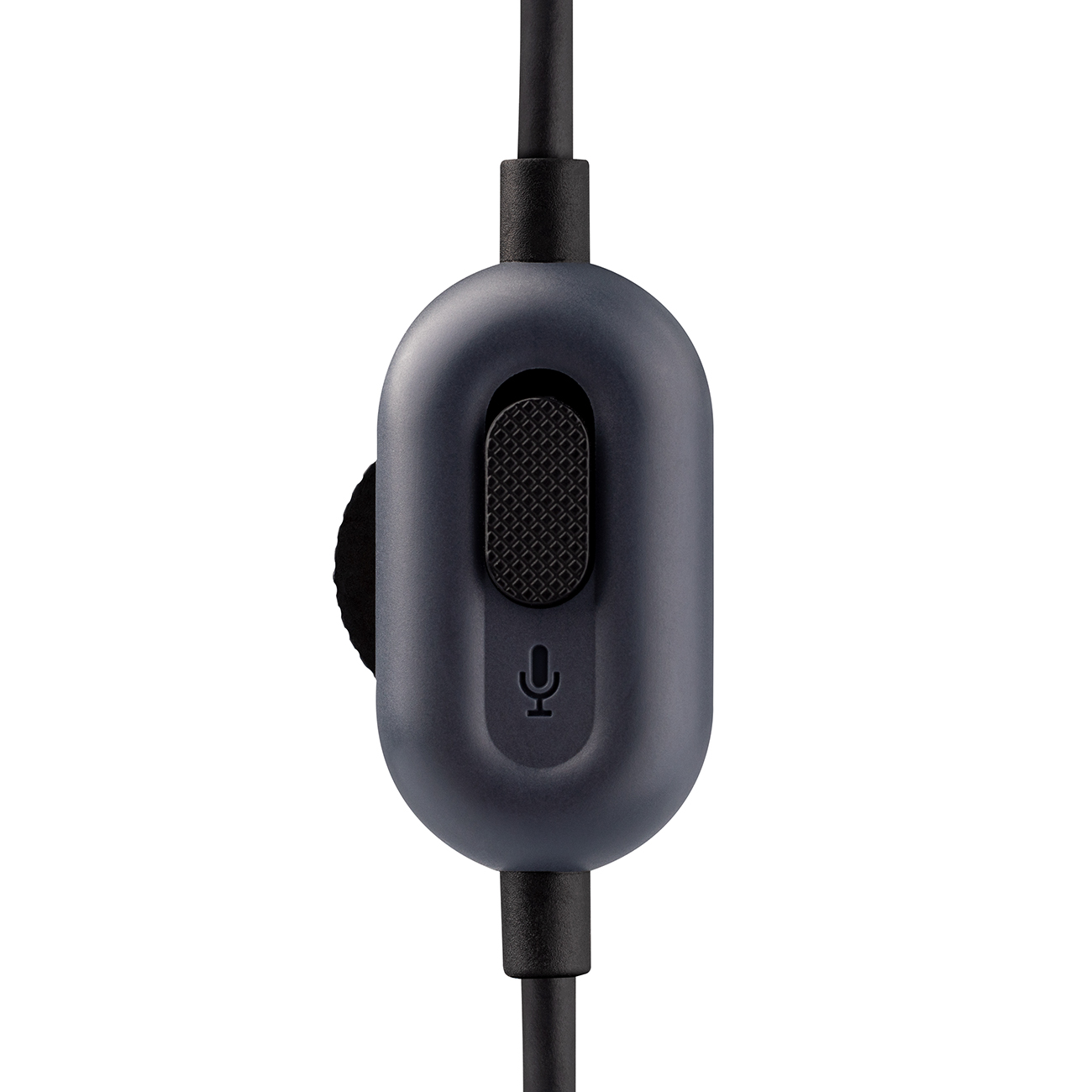 Controllo microfono in linea grigio con cursore del volume e icona del microfono. Cavo nero.