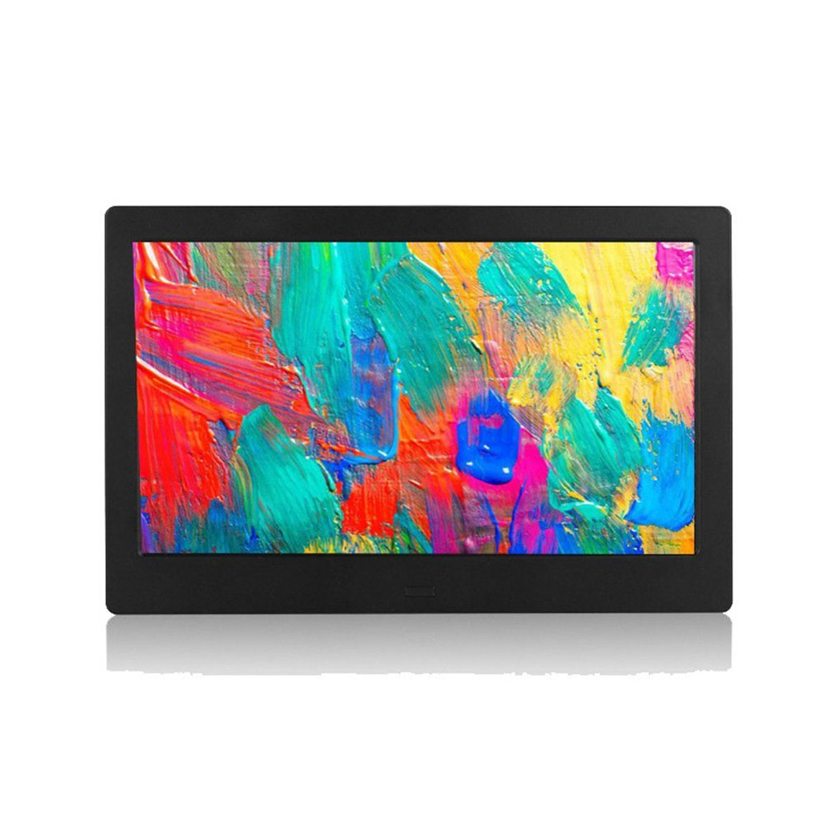 Marco de fotos digital negro mostrando una pintura abstracta colorida. Fondo blanco.