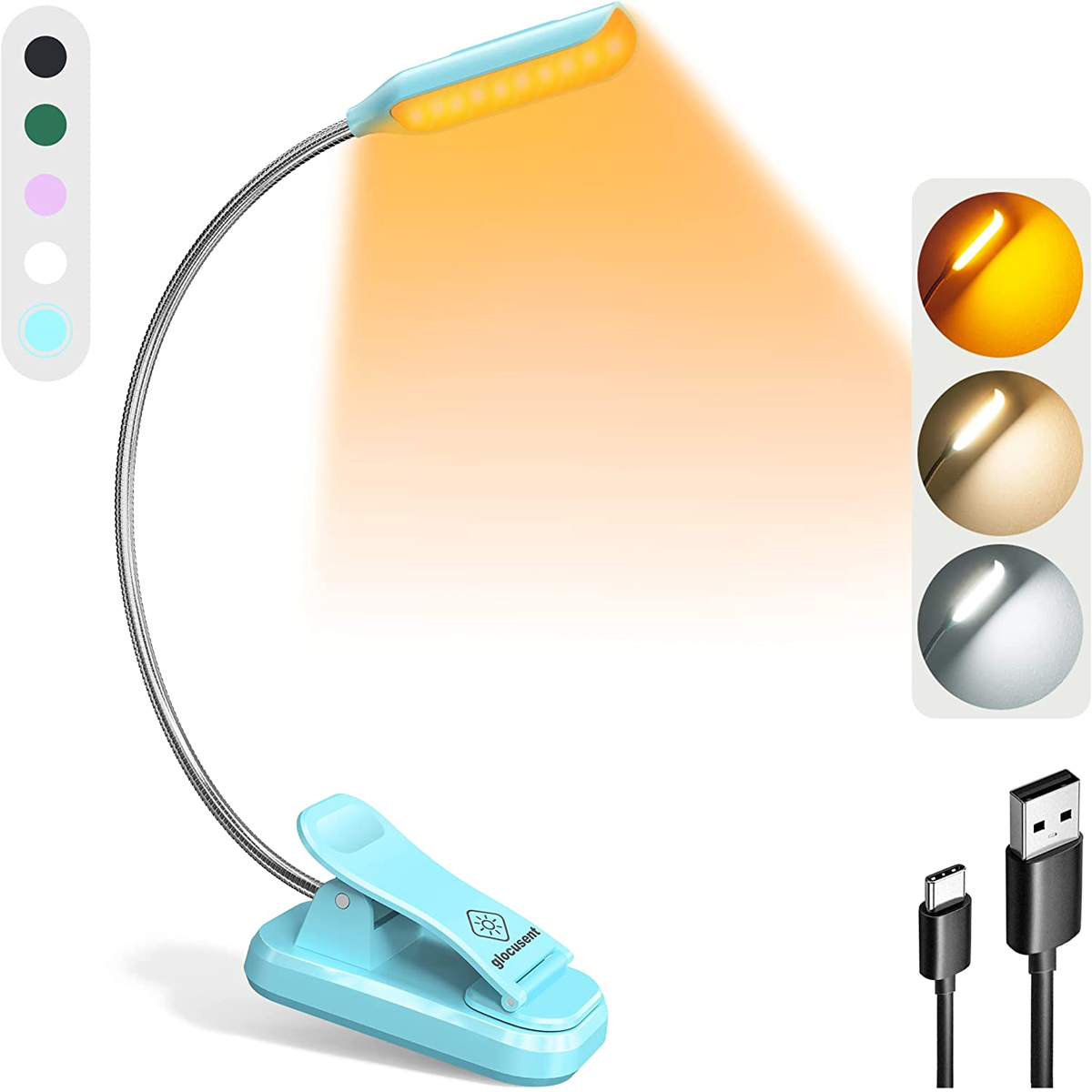Eine blaue Leselampe mit flexiblem Hals und Clip sowie einem USB-Kabel.