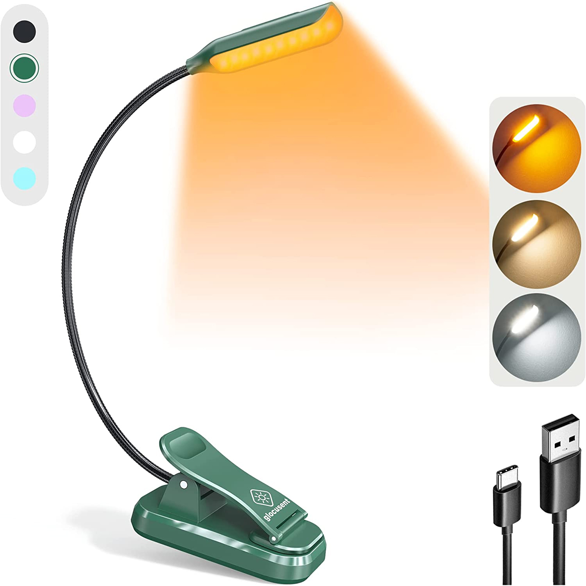Grünes Buchlicht mit verstellbarem Arm. Verschiedene Lichtmodi, USB-Aufladung.