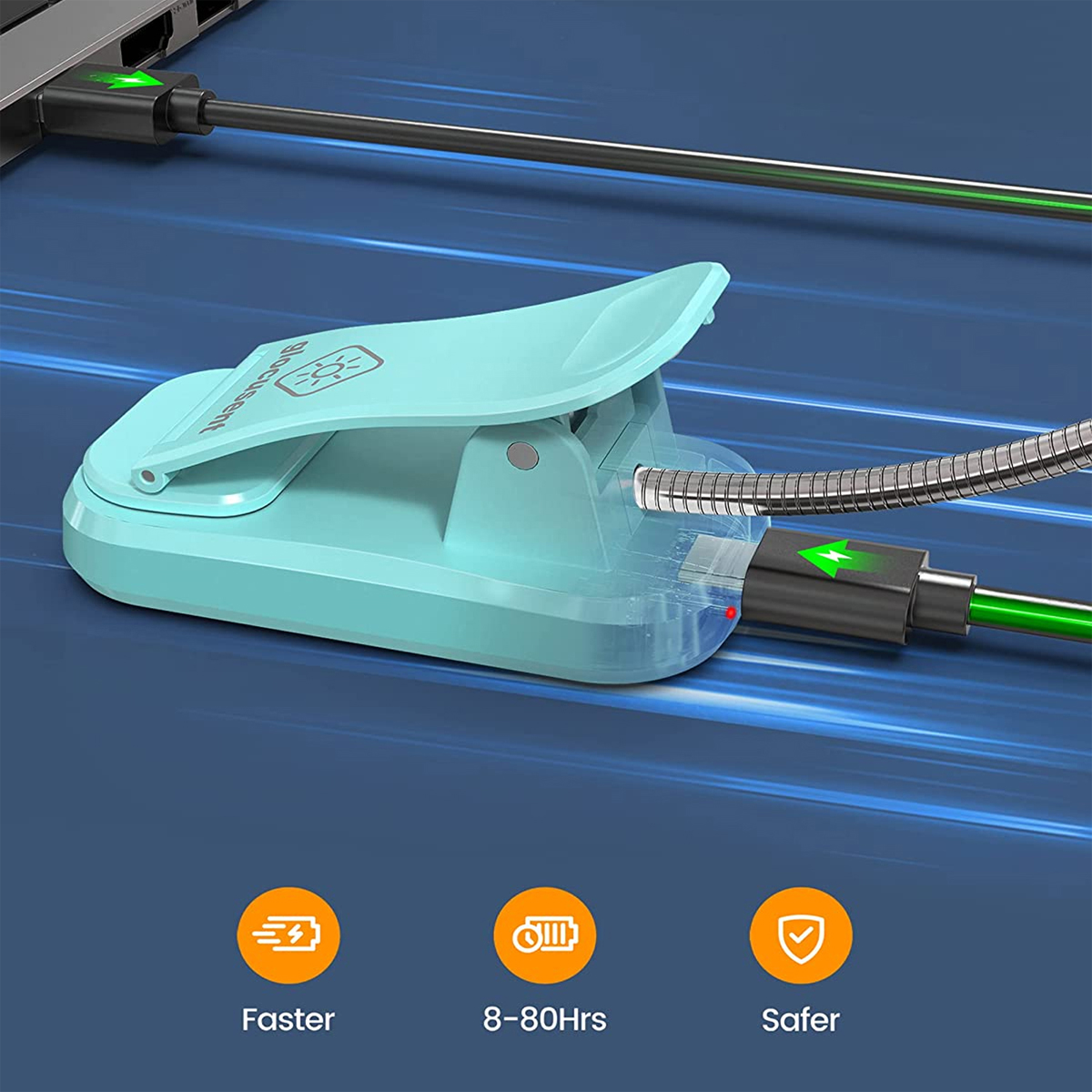 Türkisfarbenes Buchlicht mit USB-C-Kabel, 3 Icons: Schneller, 8-80 Std., Sicherer.
