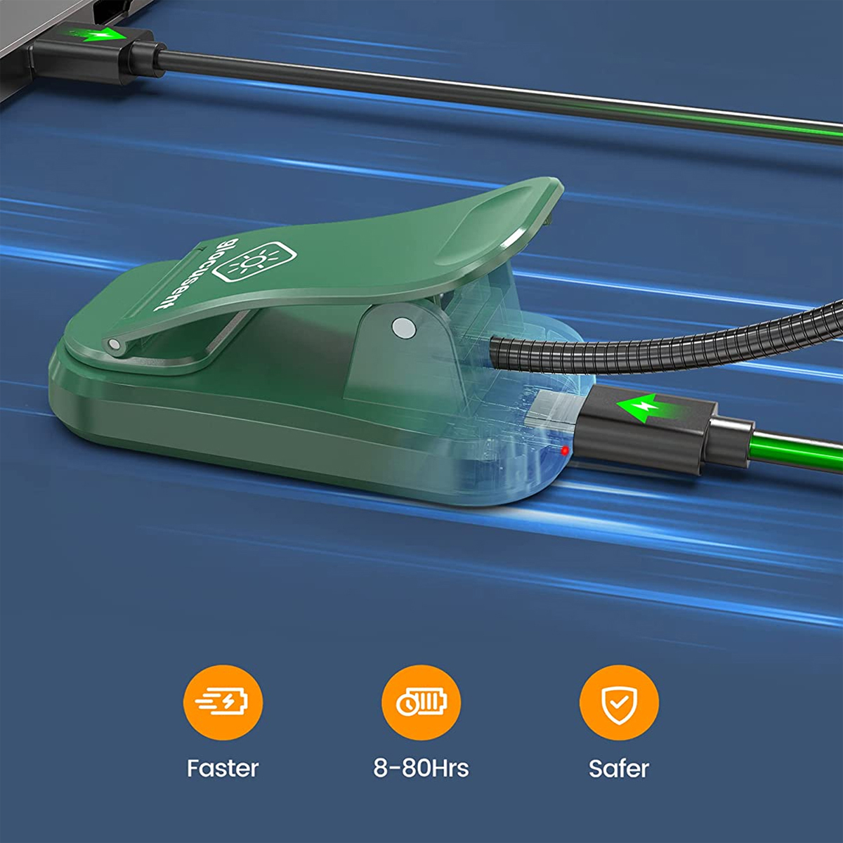 Grünes Clip-on-Leselicht, das an ein USB-Kabel angeschlossen ist. Pfeile zeigen das Aufladen an.