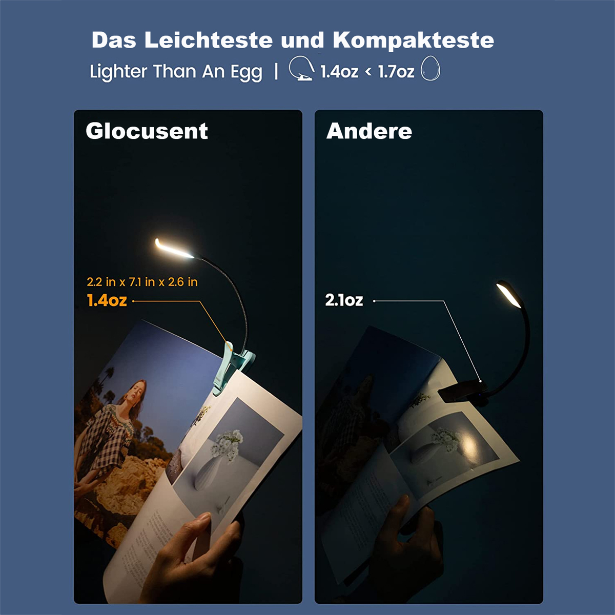 Zwei Lampen auf offenen Büchern. Eine ist Glocusent, die andere eine andere Marke. Text besagt, dass sie leicht sind.