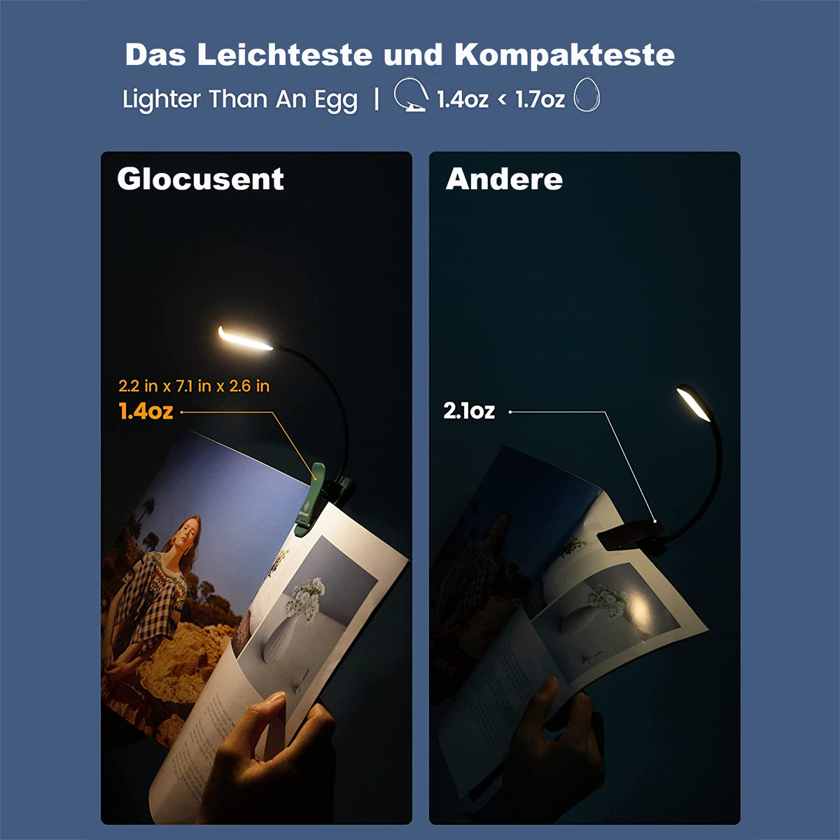 Zwei Bilder von Leselampen. Text: Leichter als ein Ei. Ein Buch lesen. Schwarz, Gelb und Weiß.