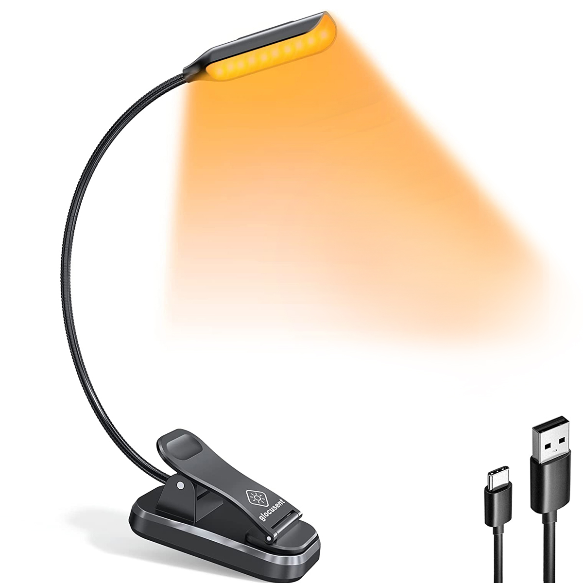 Schwarze Leselampe mit flexiblem Hals und USB-Kabel, orangefarbenes Licht.