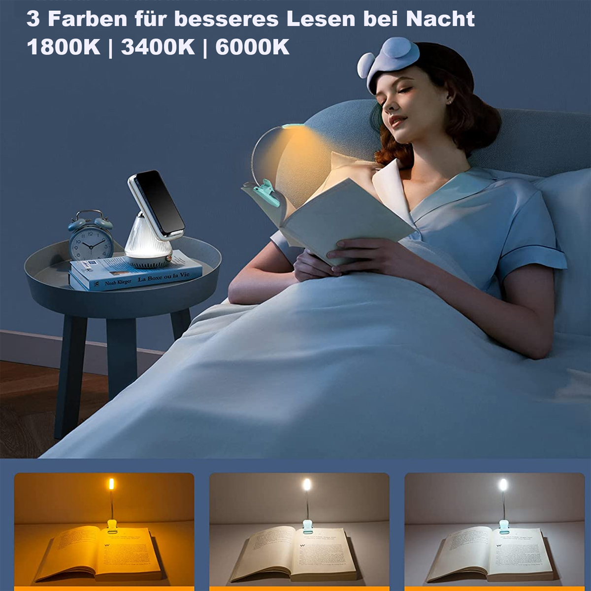 Frau liest mit Leselicht. Das Bild zeigt drei verschiedene Lichtfarben: 1800K, 3400K, 6000K.