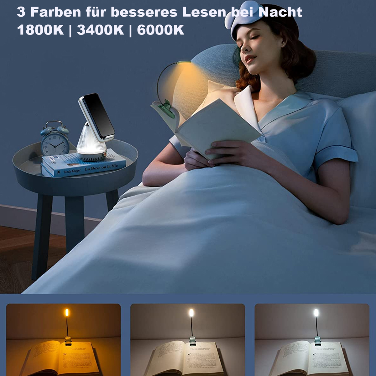 Eine Frau liest ein Buch mit einer Nachttischlampe. Unten sind drei verschiedene Lichteinstellungen gezeigt.