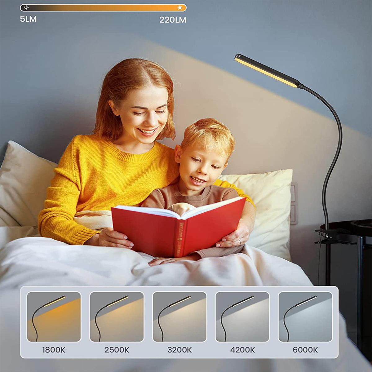 Mujer y niño leyendo un libro bajo una lámpara. La lámpara tiene modos de luz ajustables.