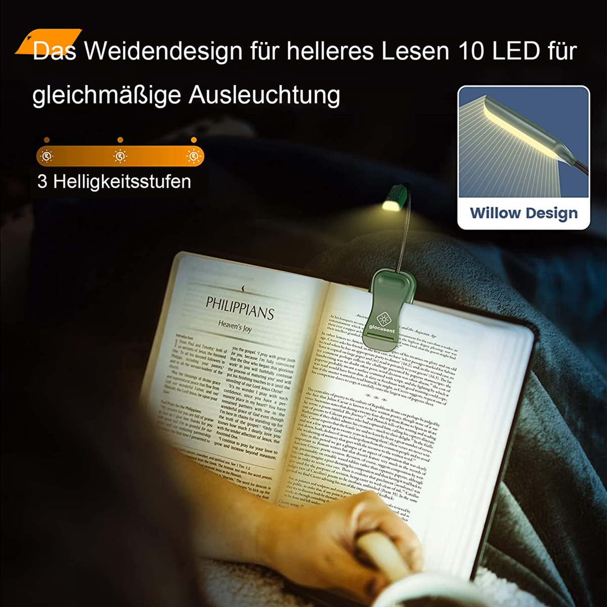 Buch mit Leselampe. Text: Das Weidendesign für helleres Lesen. 3 Helligkeitsstufen.