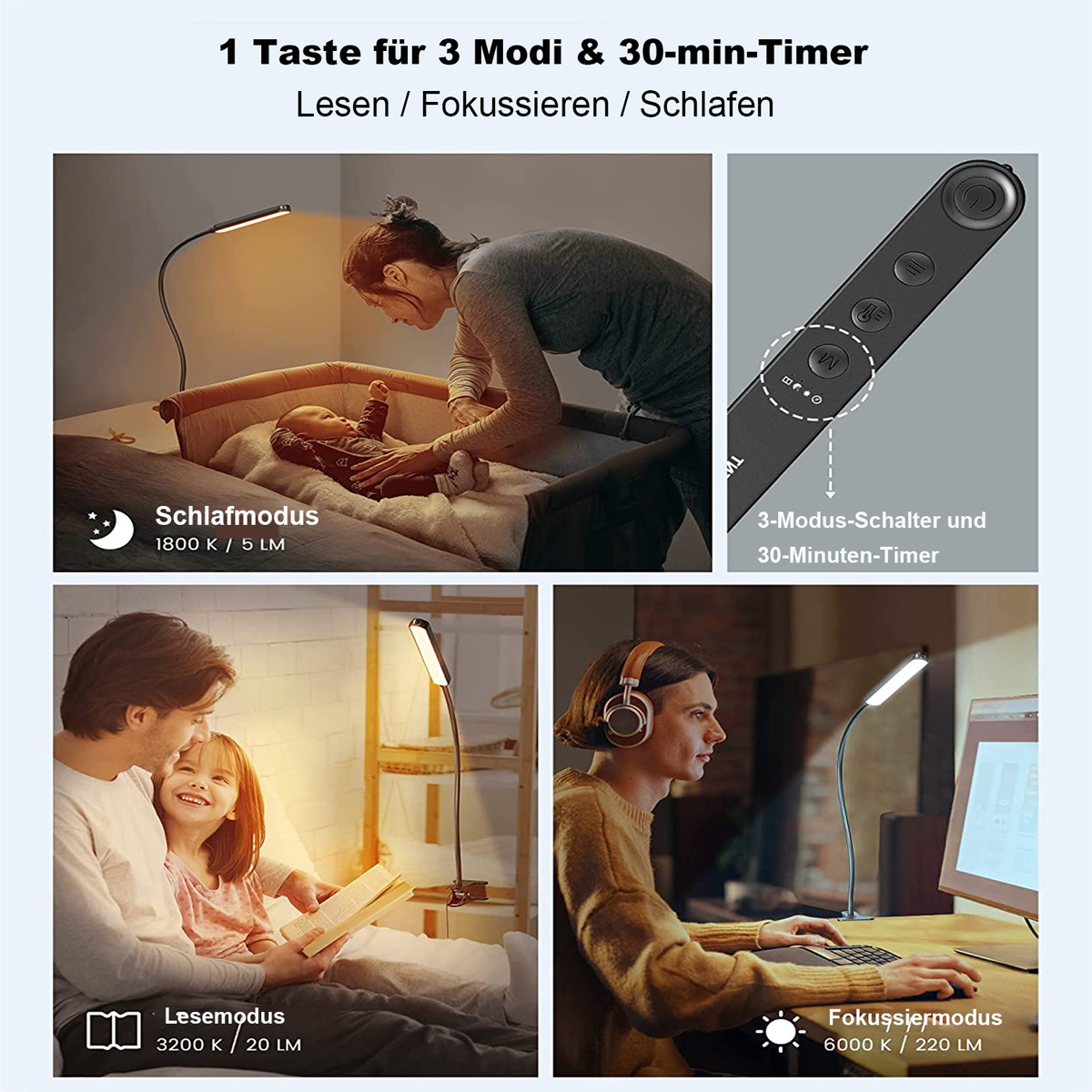 La imagen muestra una lámpara con diferentes modos, con personas en varios escenarios como leer y dormir.