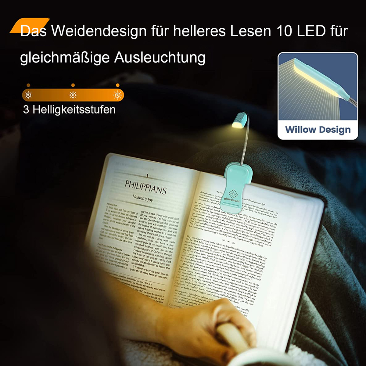 Ein Buch mit einer Leselampe, die daran befestigt ist.
