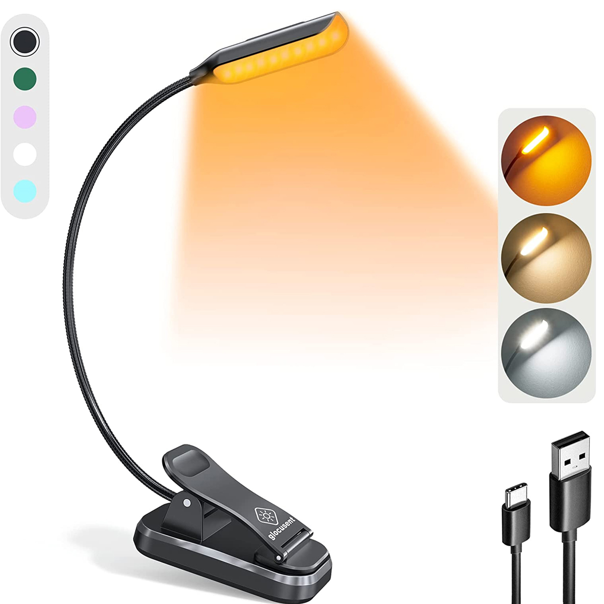 Schwarze Clip-On-Leselampe mit gelbem Licht. Zusätzliche Lichtfarboptionen werden gezeigt.