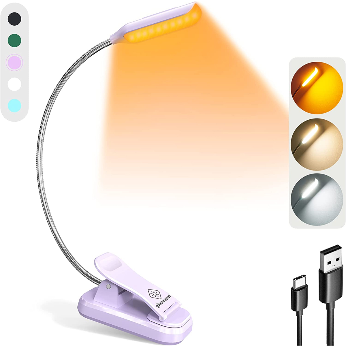 Eine lila-weiße Leselampe mit USB-Kabel und drei Lichtfarboptionen.