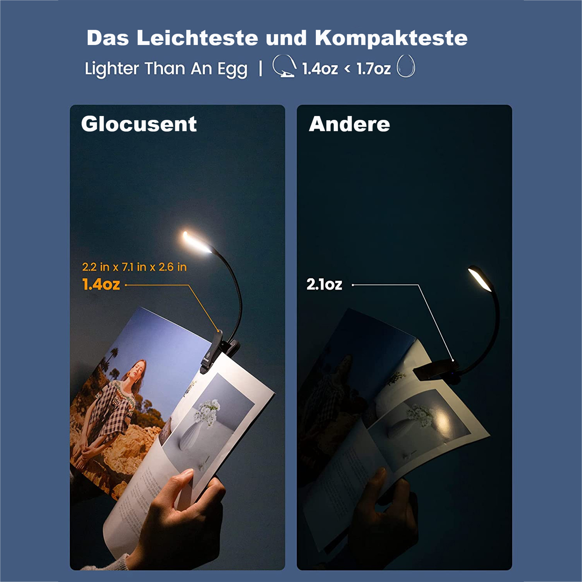 Zwei Leselampen mit Büchern. Eines ist auf einem Buch mit einer Frau, das andere mit einer Blume.
