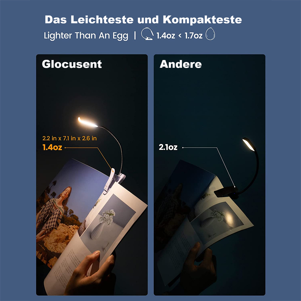 Das Bild zeigt ein kleines, anclipbares Leselicht neben einem Buch. Das Licht wird mit einem anderen verglichen.