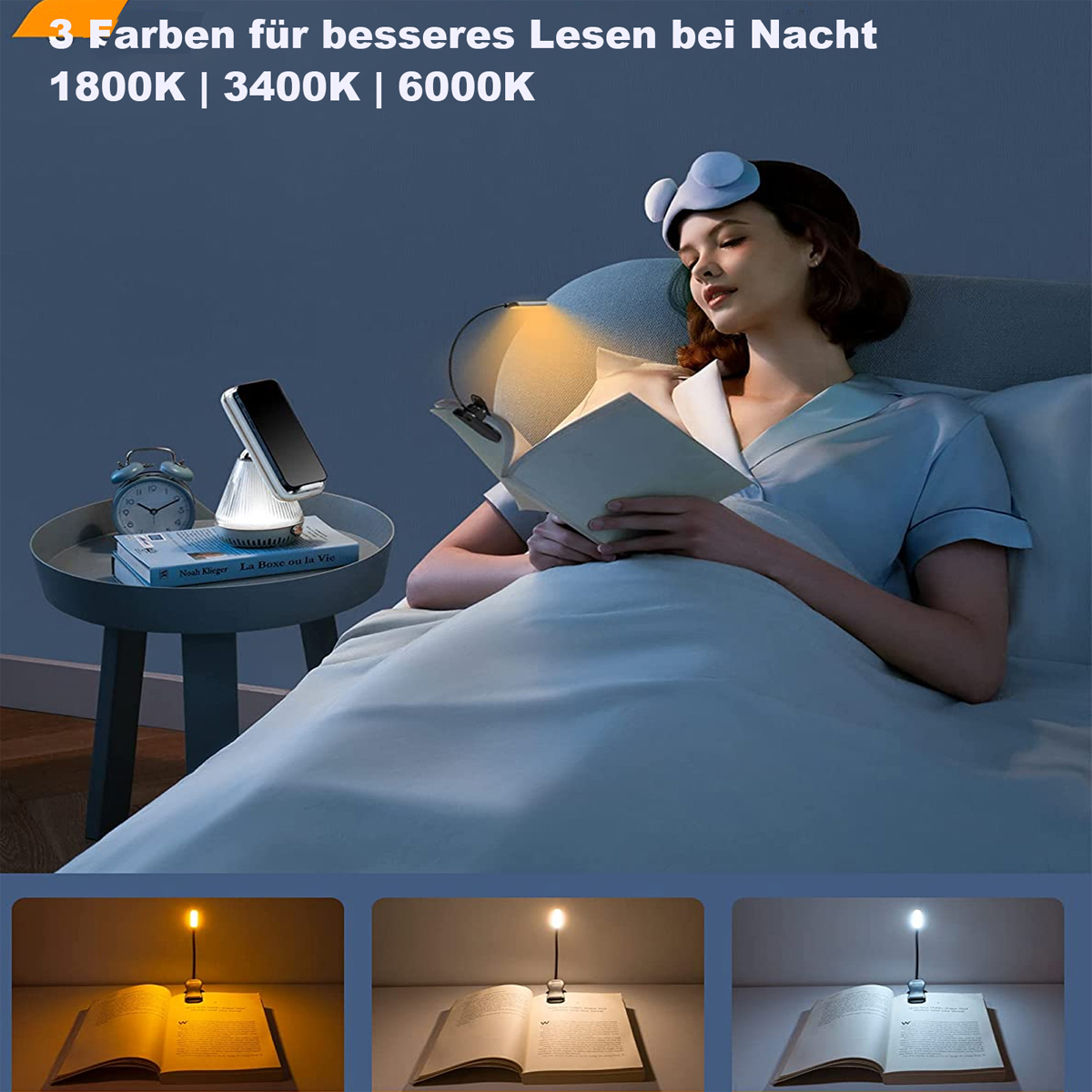 Eine Frau im Bett liest mit einer Buchlampe, mit Text oben: 3 Farben für besseres Lesen bei Nacht.