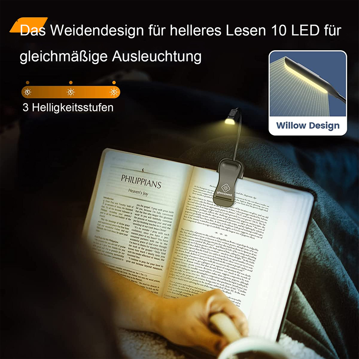 Buch mit Leselicht angeclipst. Text: 'Das Weidendesign für helleres Lesen 10 LED'.