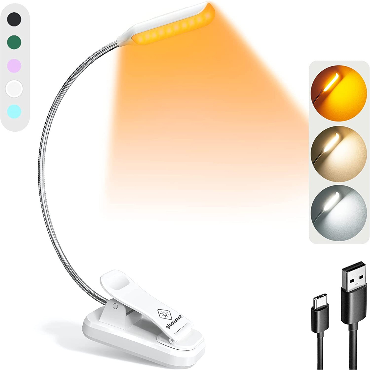 Flexible Leselampe mit Clip. Zeigt verschiedene Lichtfarben und USB-Kabel.
