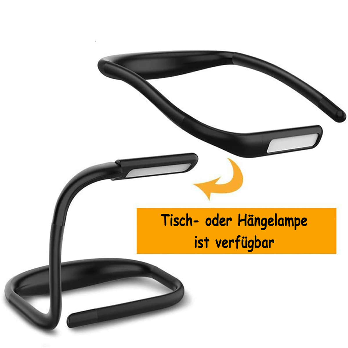 Zwei schwarze Nackenleselampen sind erhältlich, eine gebogen für den Nacken, eine für den Schreibtisch.