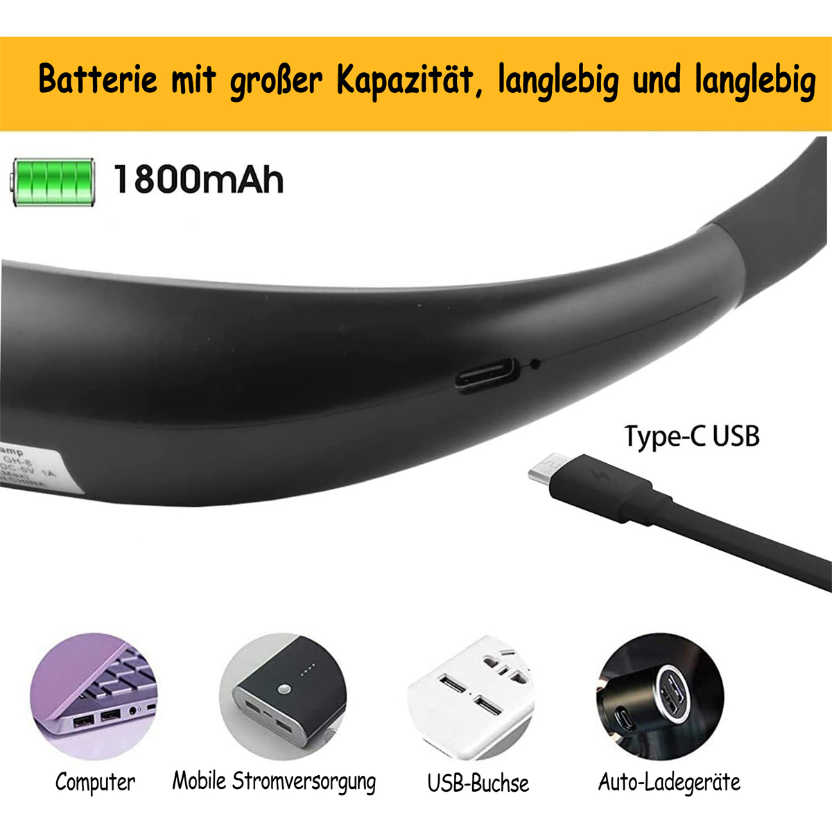 Ein schwarzes Nackenband mit USB-C-Anschluss und 1800mAh Akku, mit Ladezubehör.