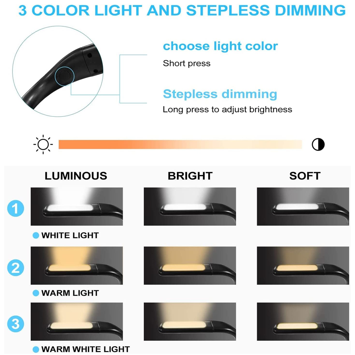 LED-Leselampe LED-Licht, Helligkeit/Richtung Lichtfarben, 3 einstellbare Nackenlicht, weiß KINSI